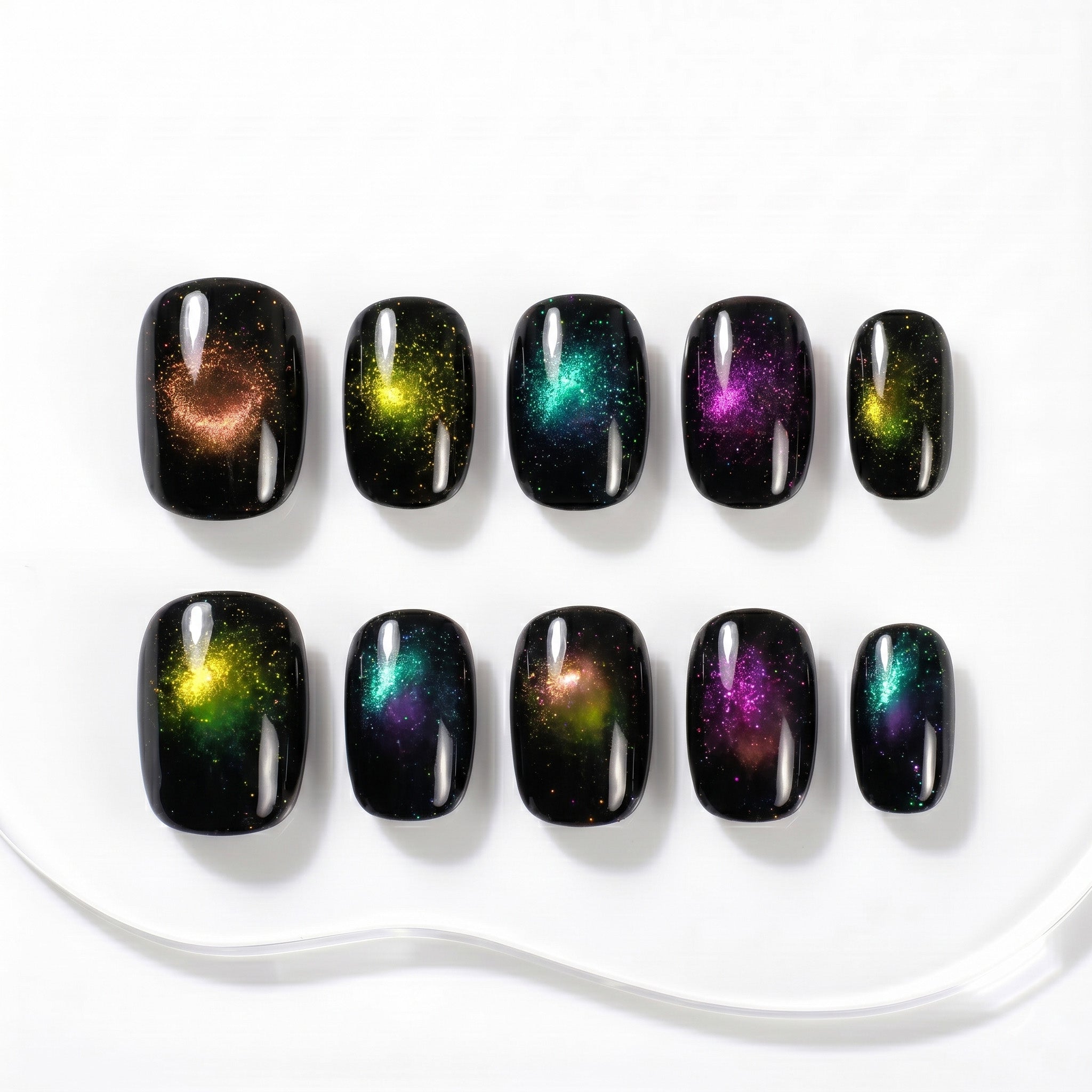 Faux ongles faits main aurore galactique effet œil de chat #091