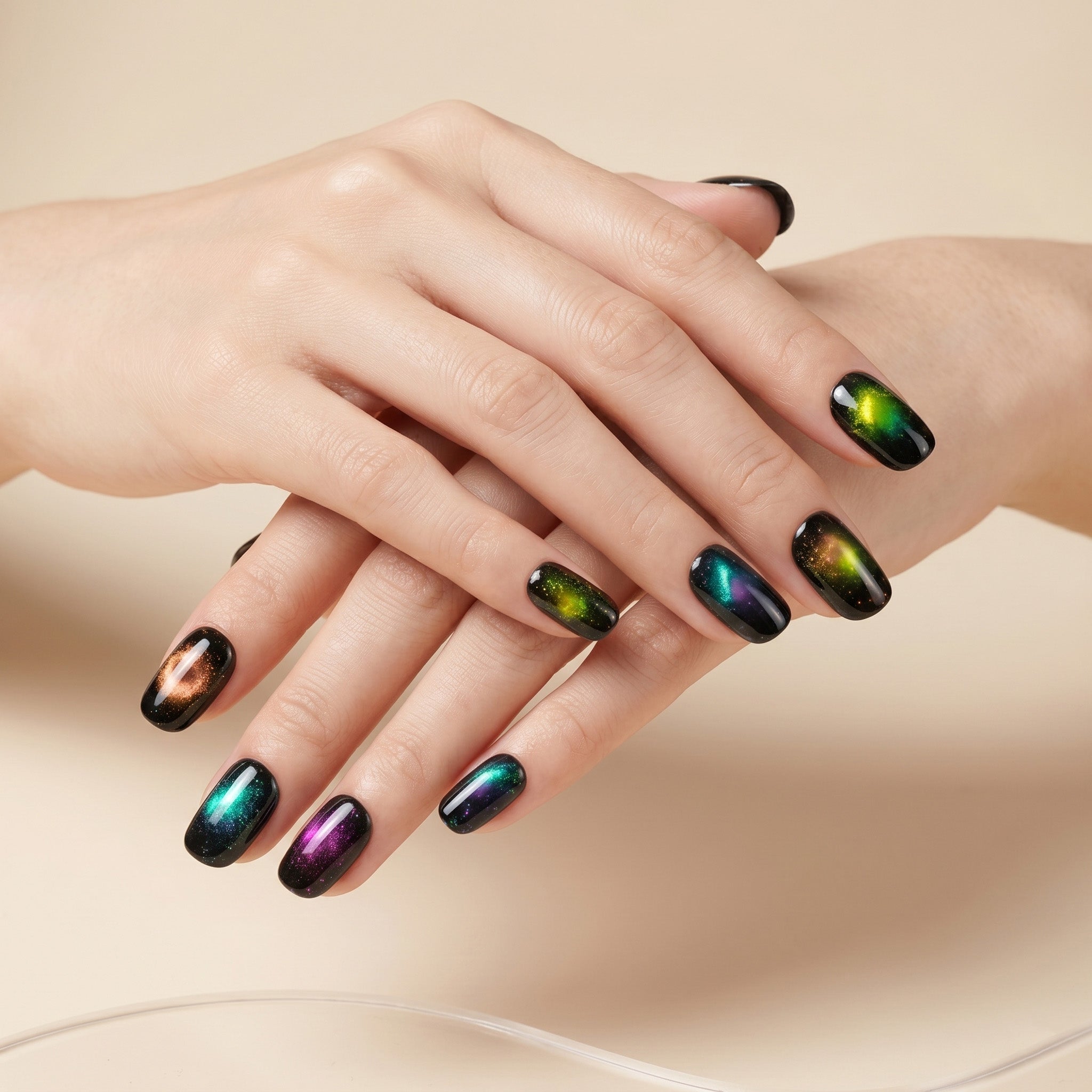 Handmade Short Squoval Round Press-On Nails - Black Colorful Magnet Gradation Ombre 10 Pcs #091