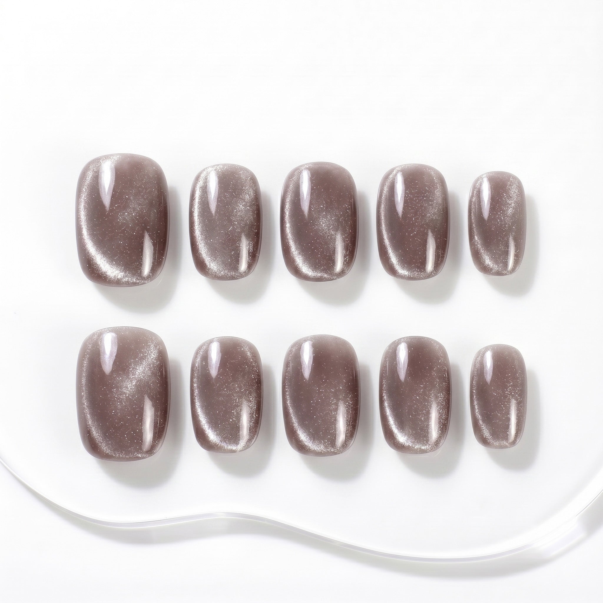Handmade Short Squoval Round Press-On Nails - Coffee Brown Magnet Solid Color glossy 10 Pcs #096