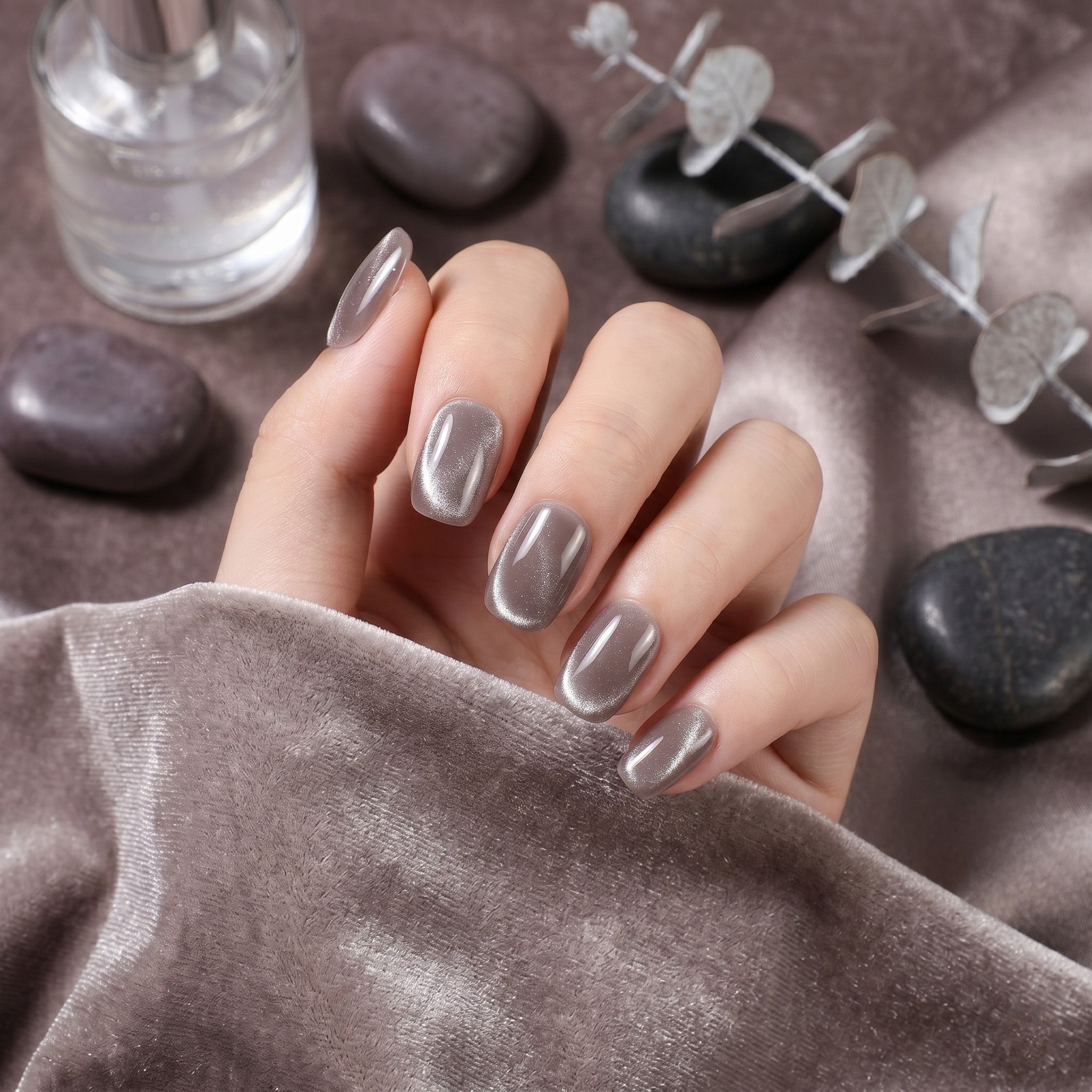 Handmade Short Squoval Round Press-On Nails - Coffee Brown Magnet Solid Color glossy 10 Pcs #096