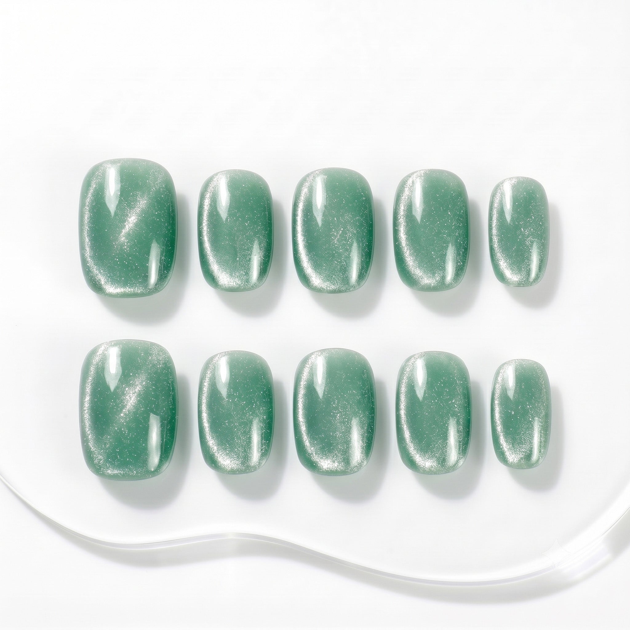 Handmade Short Squoval Round Press-On Nails - Green Magnet Solid Color glossy 10 Pcs #097