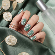 Handmade Short Squoval Round Press-On Nails - Green Magnet Solid Color glossy 10 Pcs #097