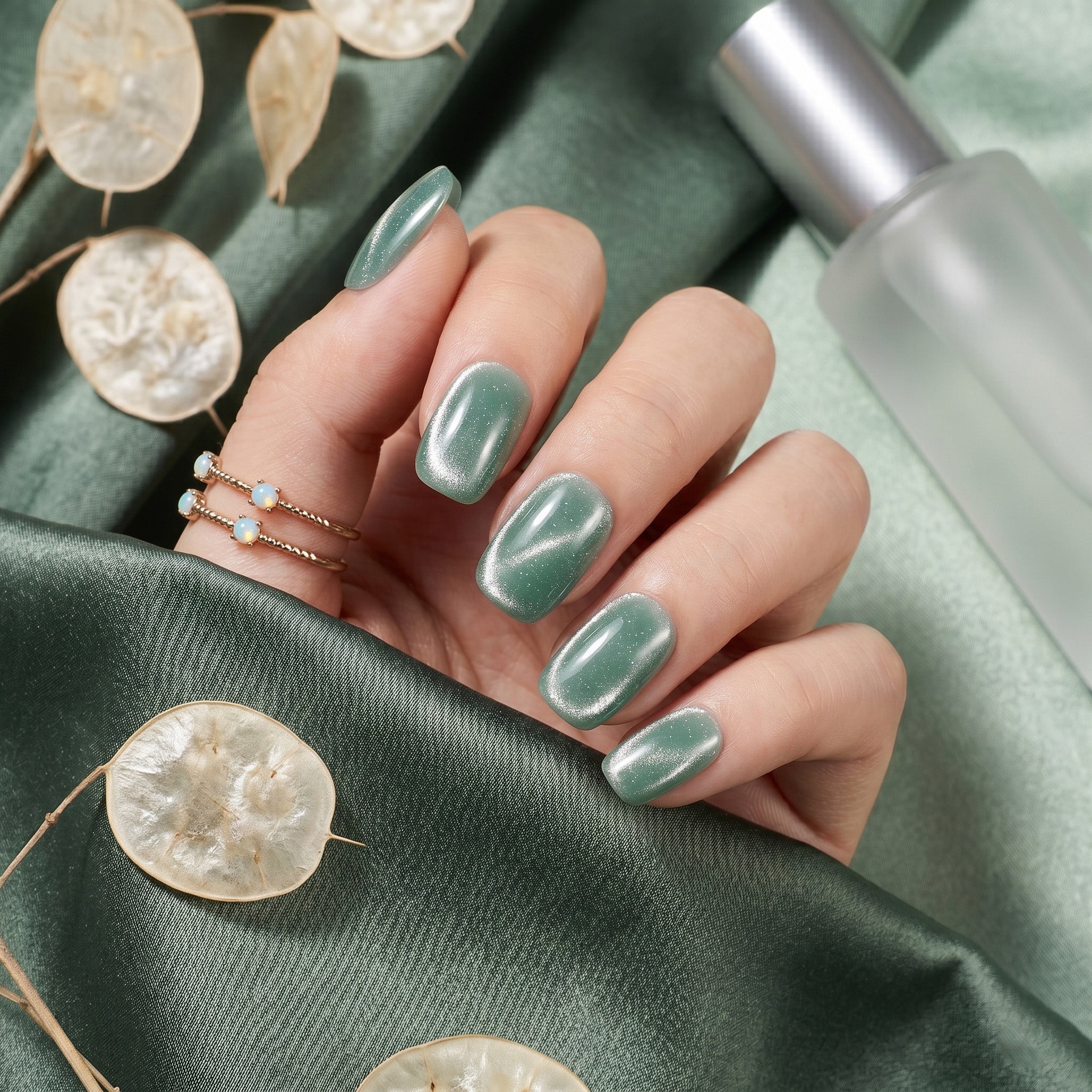 Handmade Short Squoval Round Press-On Nails - Green Magnet Solid Color glossy 10 Pcs #097