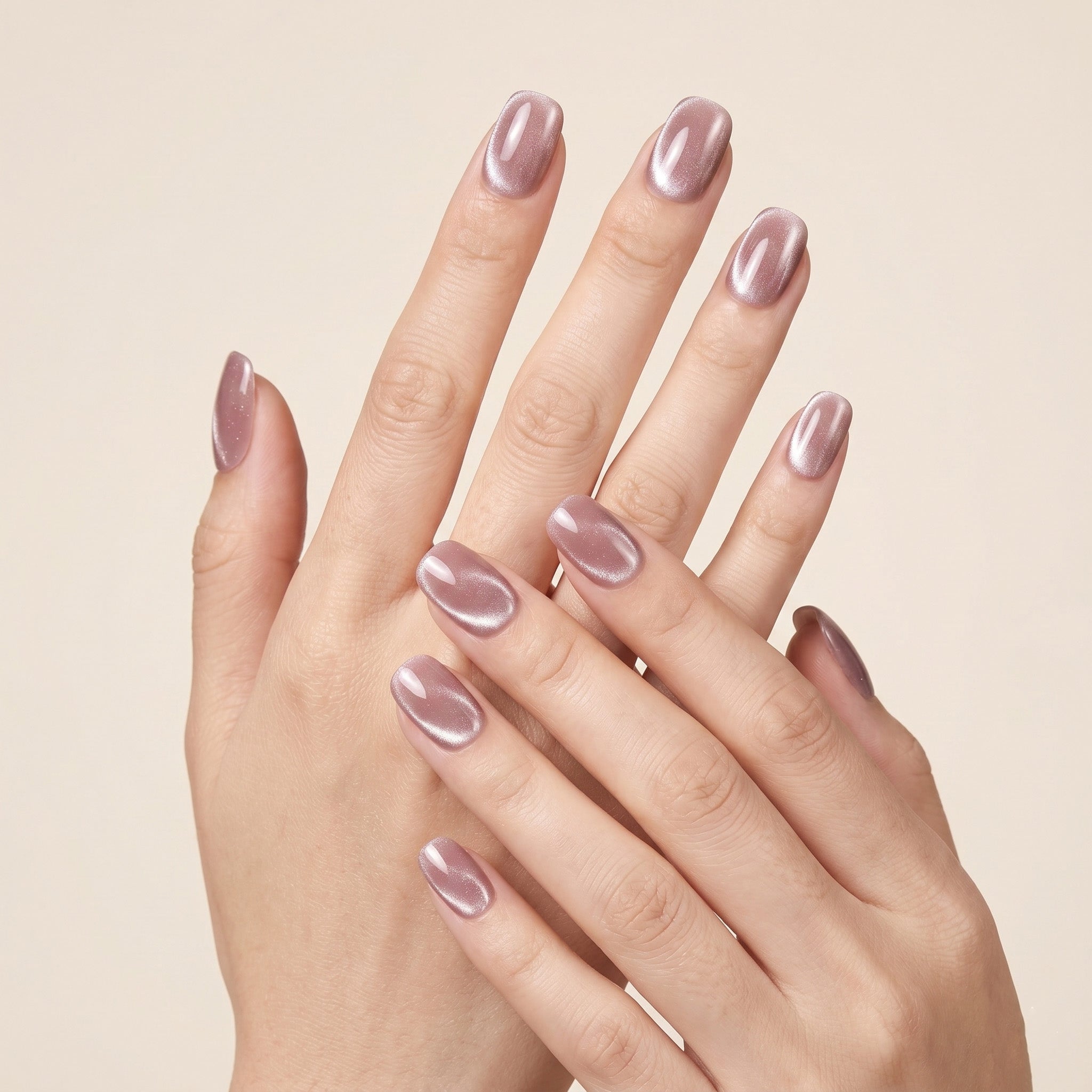 Handmade Short Squoval Round Press-On Nails - Pink Magnet Solid Color glossy 10 Pcs #098