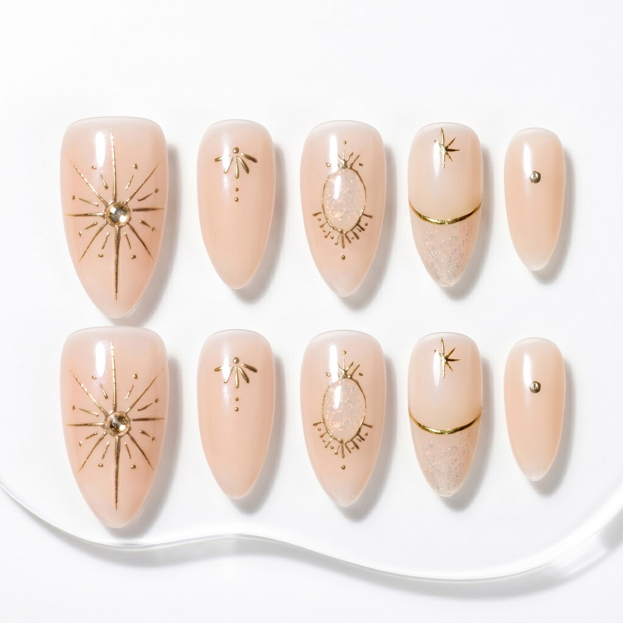 Handmade Medium Almond Press-On Nails - Nude Beige Gold Minimalist Hand-Painted Elegant 10 Pcs #099