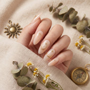 Handmade Medium Almond Press-On Nails - Nude Beige Gold Minimalist Hand-Painted Elegant 10 Pcs #099