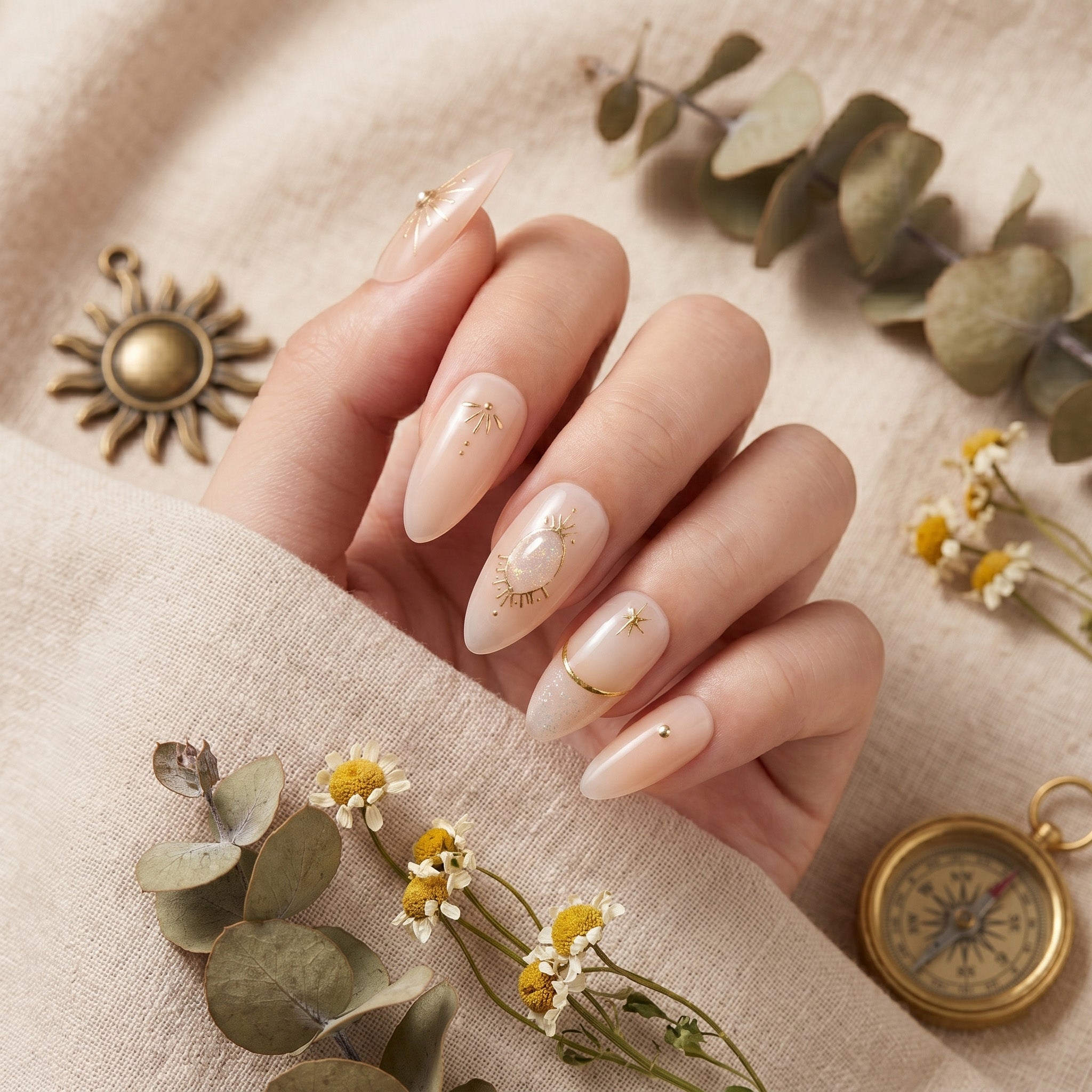 Handmade Medium Almond Press-On Nails - Nude Beige Gold Minimalist Hand-Painted Elegant 10 Pcs #099