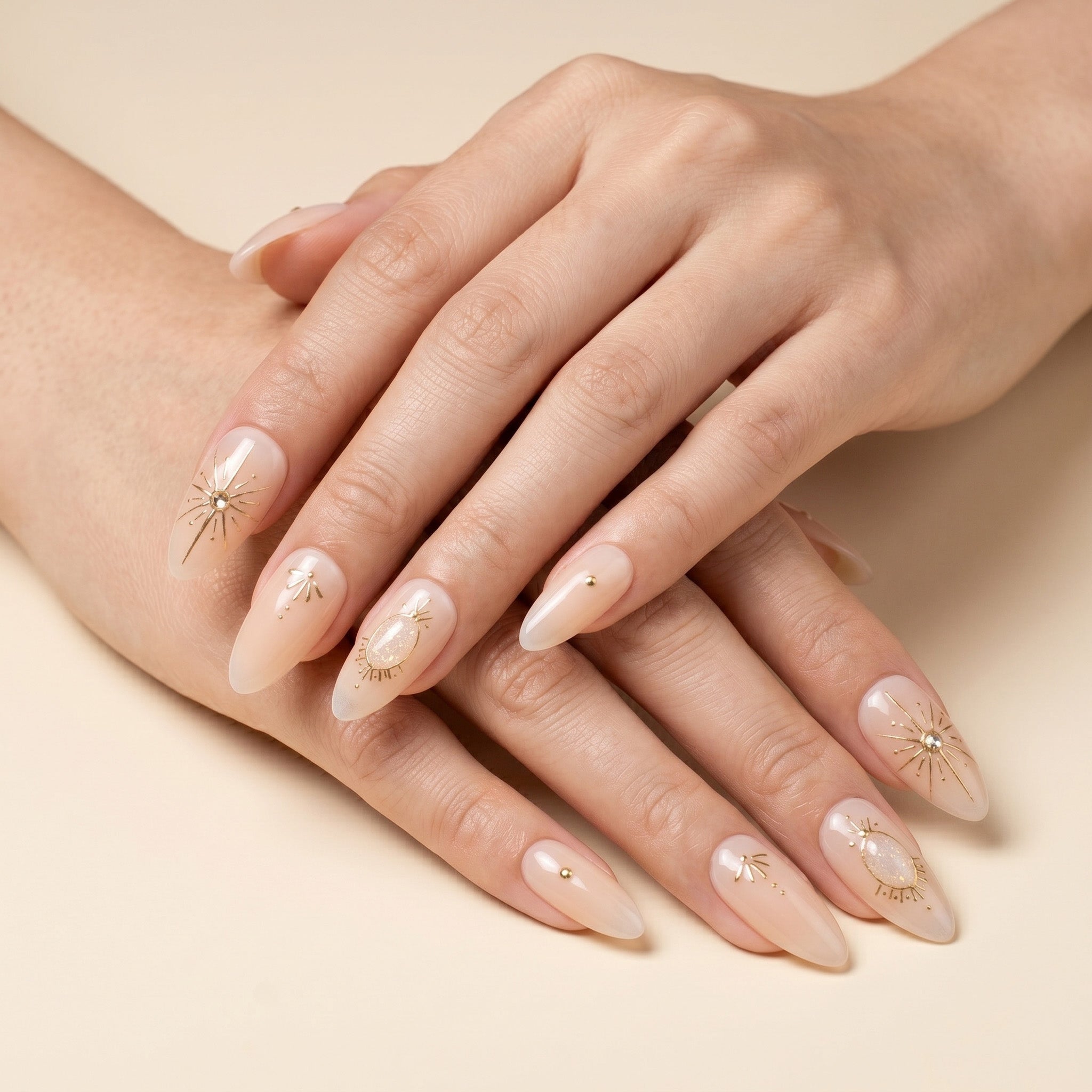 Handmade Medium Almond Press-On Nails - Nude Beige Gold Minimalist Hand-Painted Elegant 10 Pcs #099