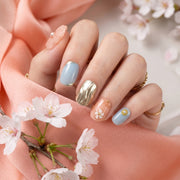 Handmade Short Squoval Round Press-On Nails - Pink Blue Gold Flower 3D Sweet 10 Pcs #100