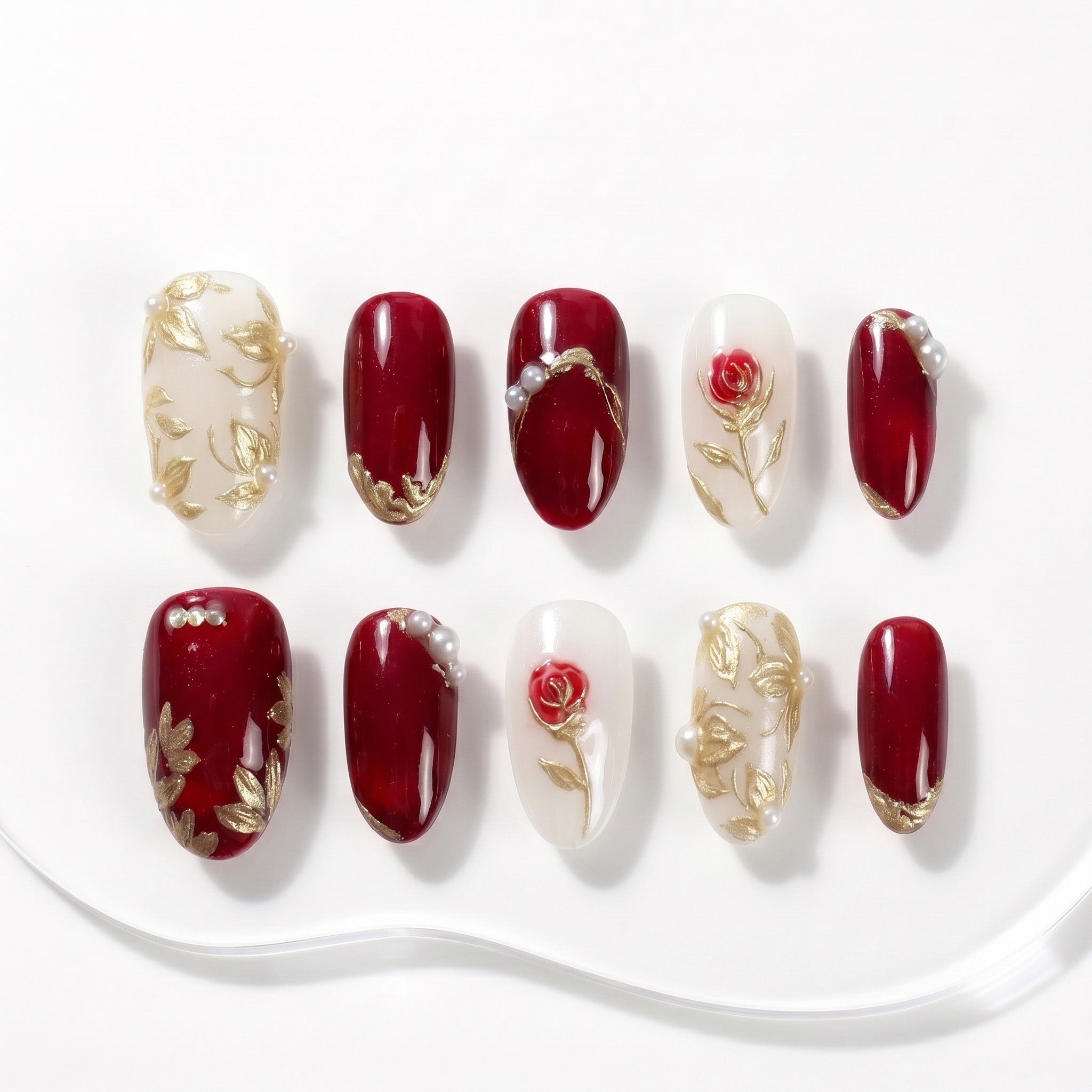 Handmade Vintage Rose Press-On Nails in Burgundy & Gold #318