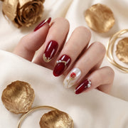 Handmade Vintage Rose Press-On Nails in Burgundy & Gold #318