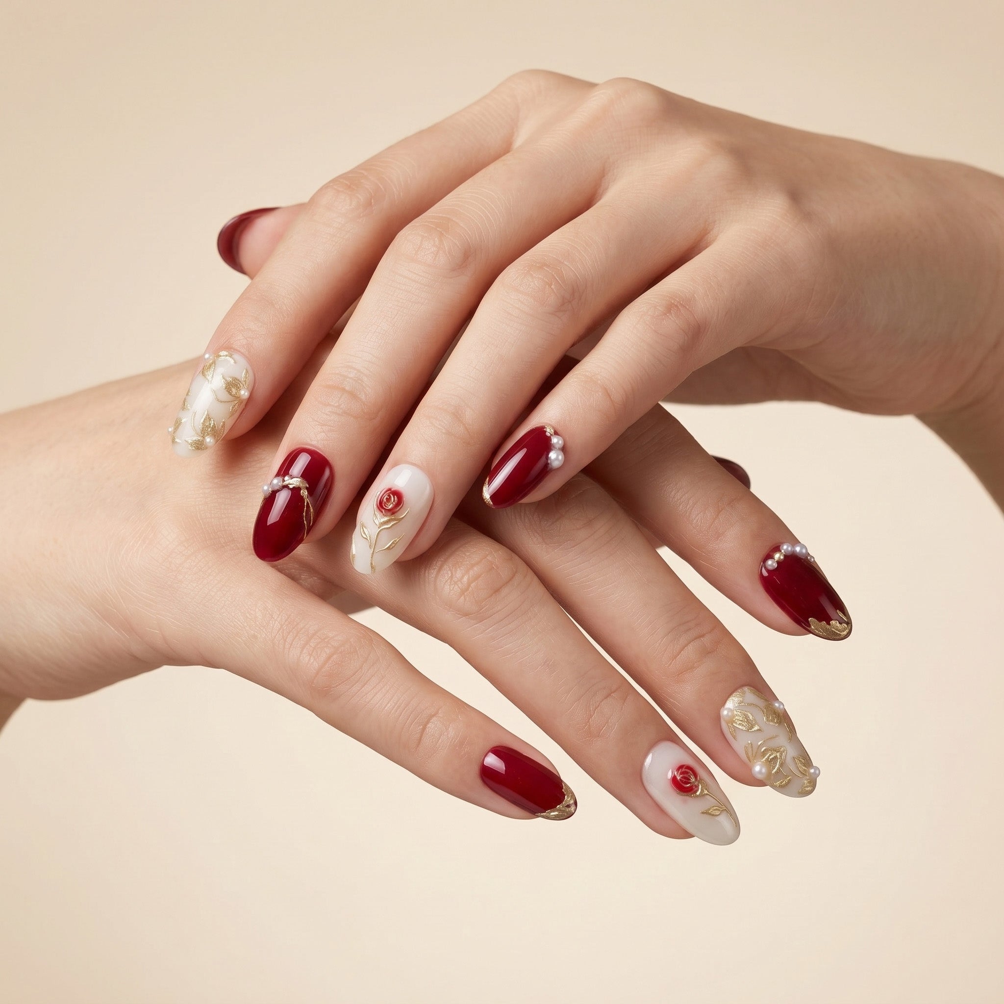 Handmade Vintage Rose Press-On Nails in Burgundy & Gold #318