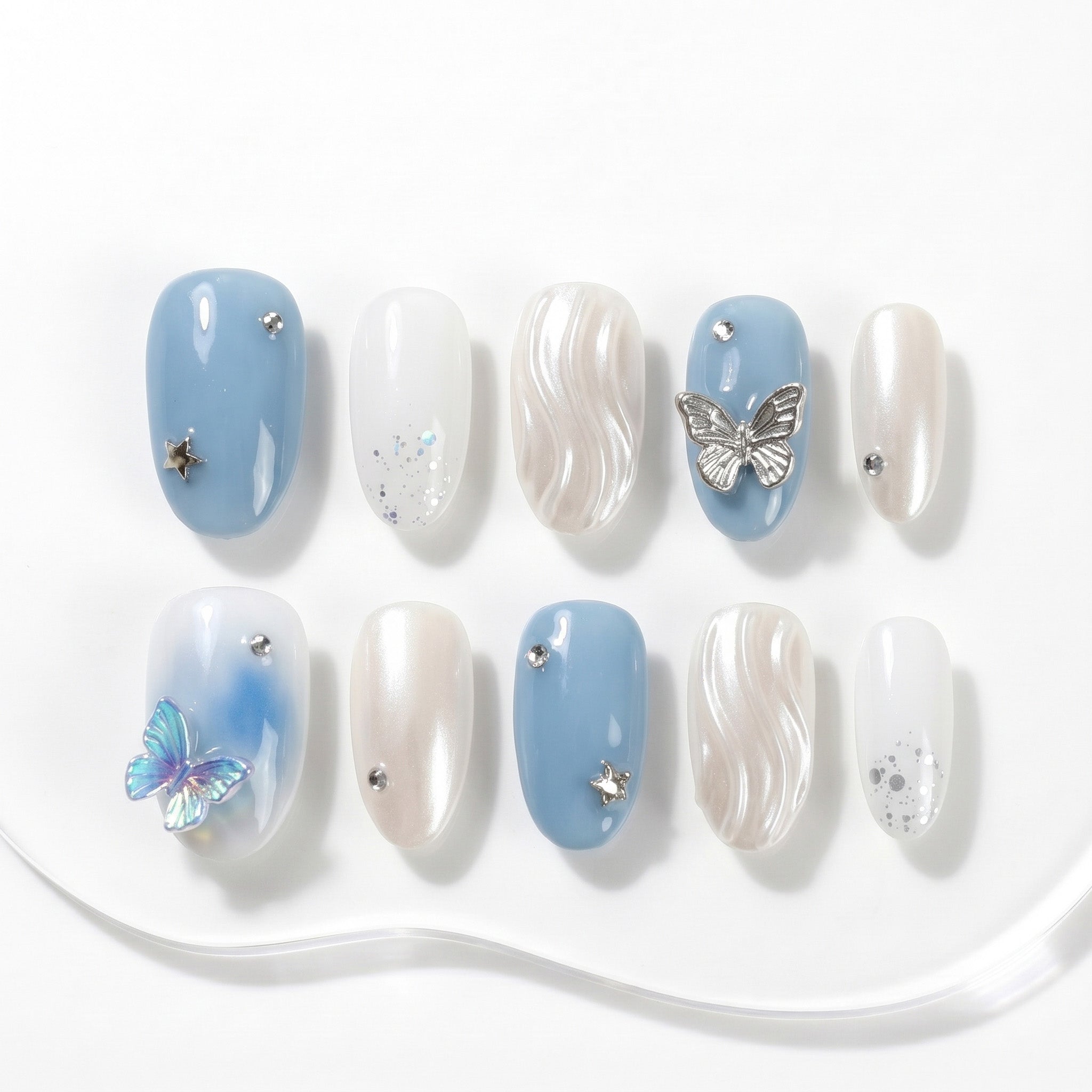 Handmade Blue Butterfly Press-On Nails #320