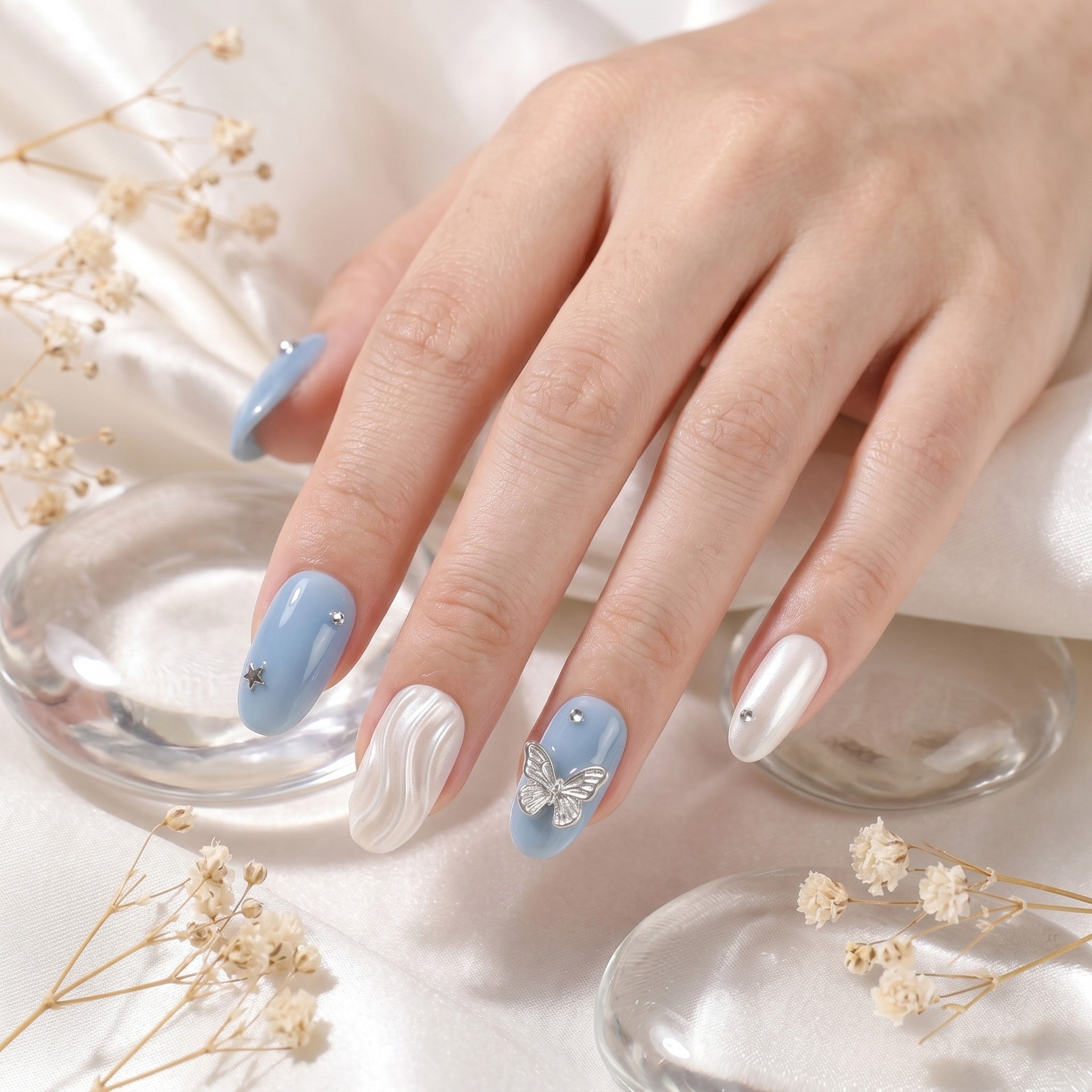 Handmade Blue Butterfly Press-On Nails #320