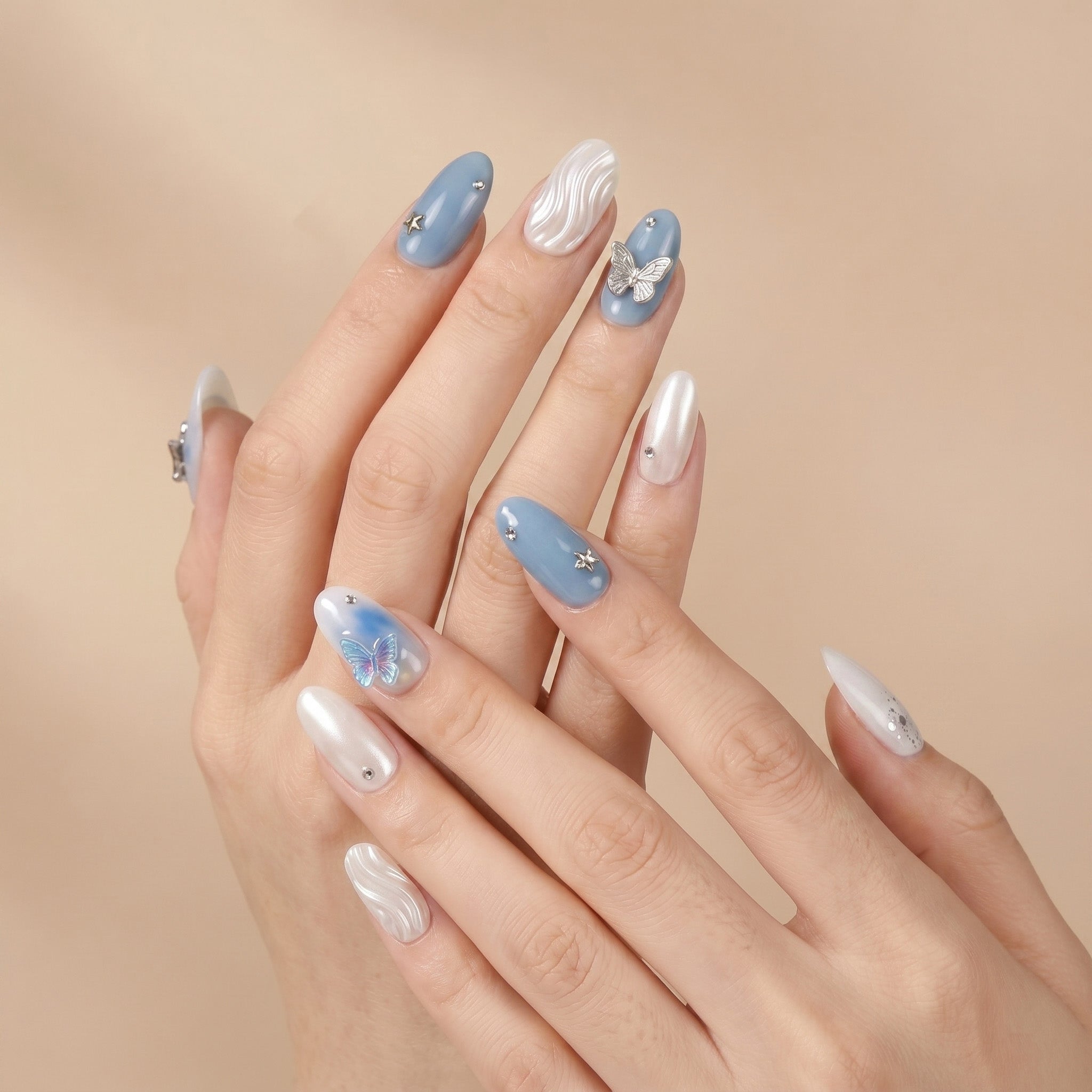 Handmade Blue Butterfly Press-On Nails #320