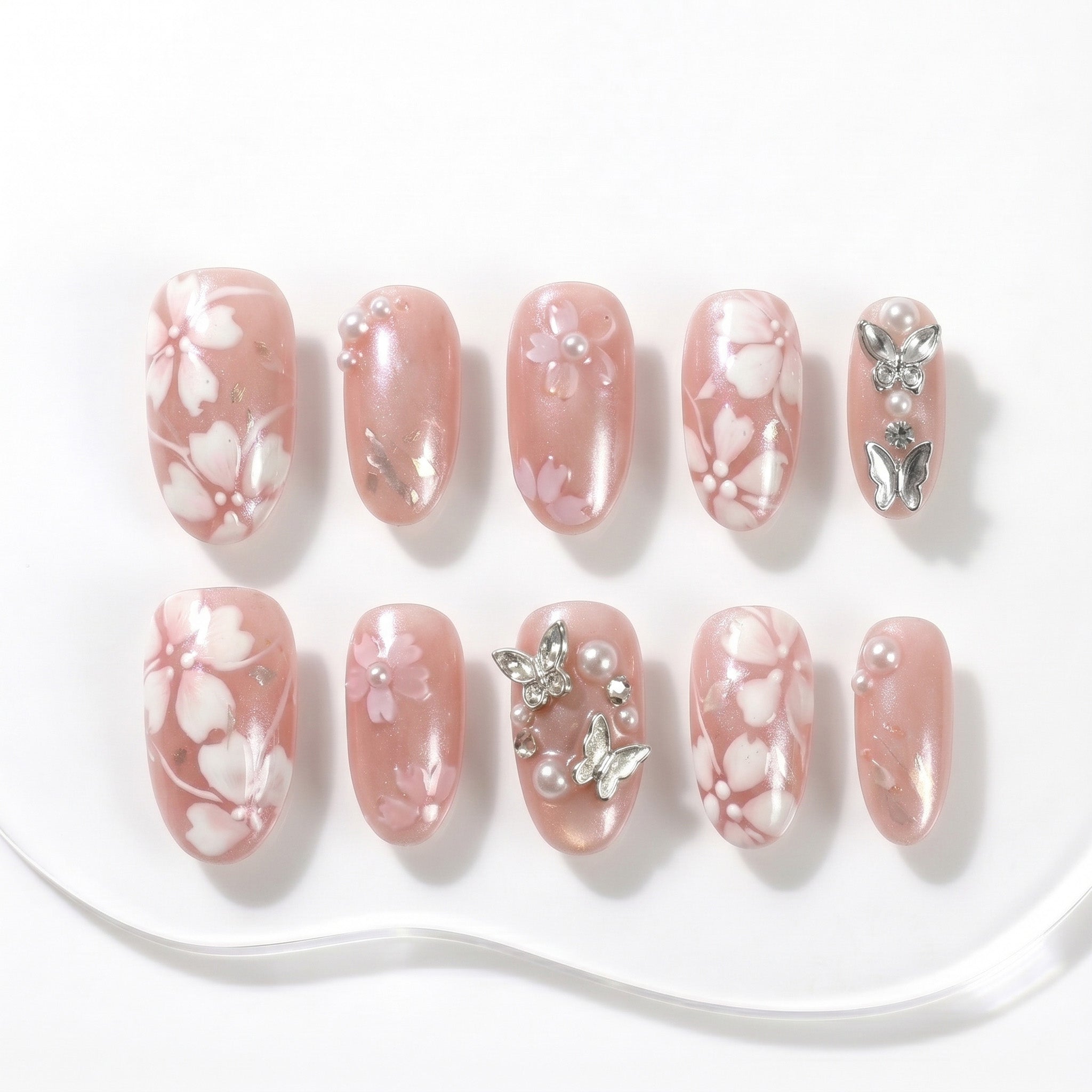 Handmade Cherry Blossom & Pearl Press-On Nails #322