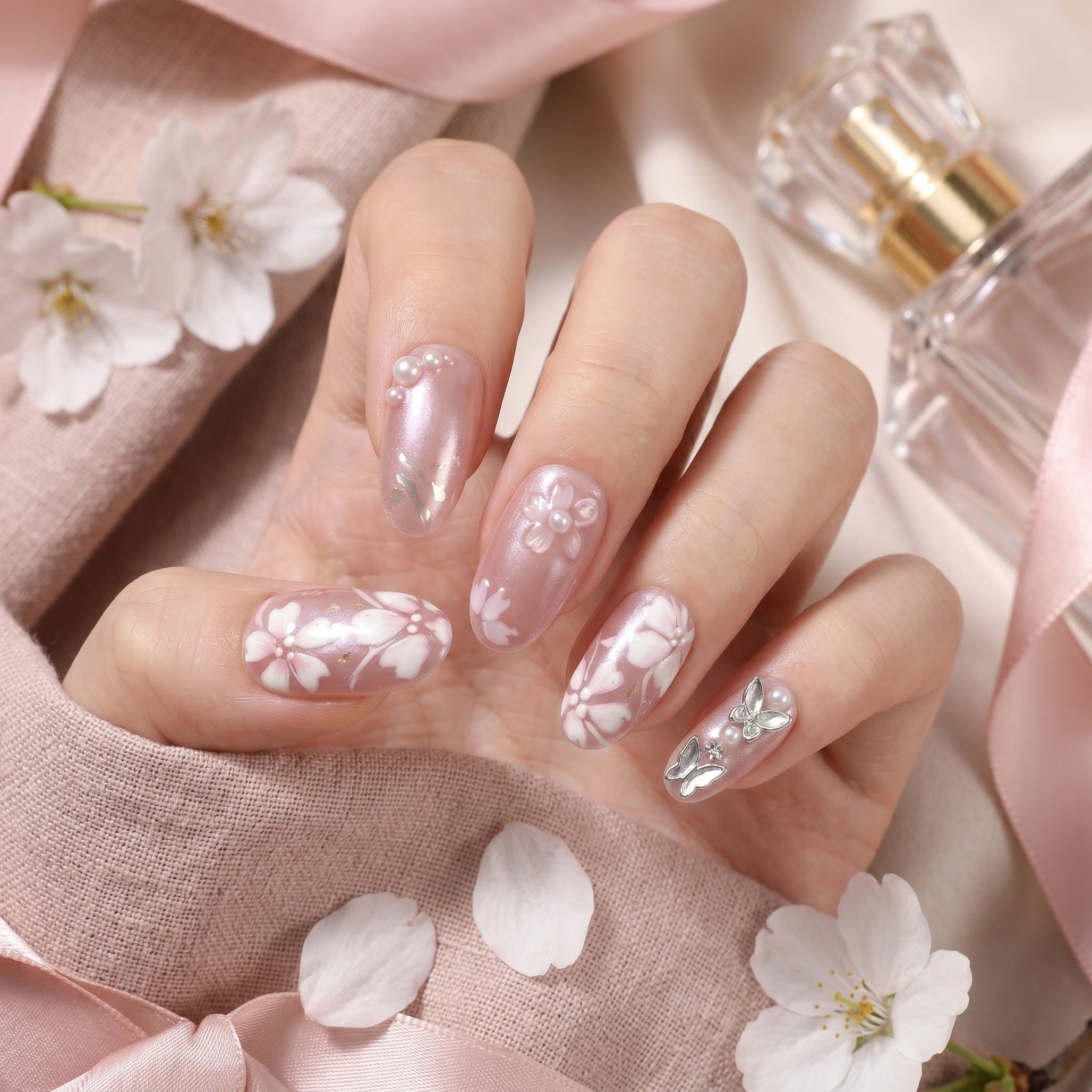 Handmade Cherry Blossom & Pearl Press-On Nails #322