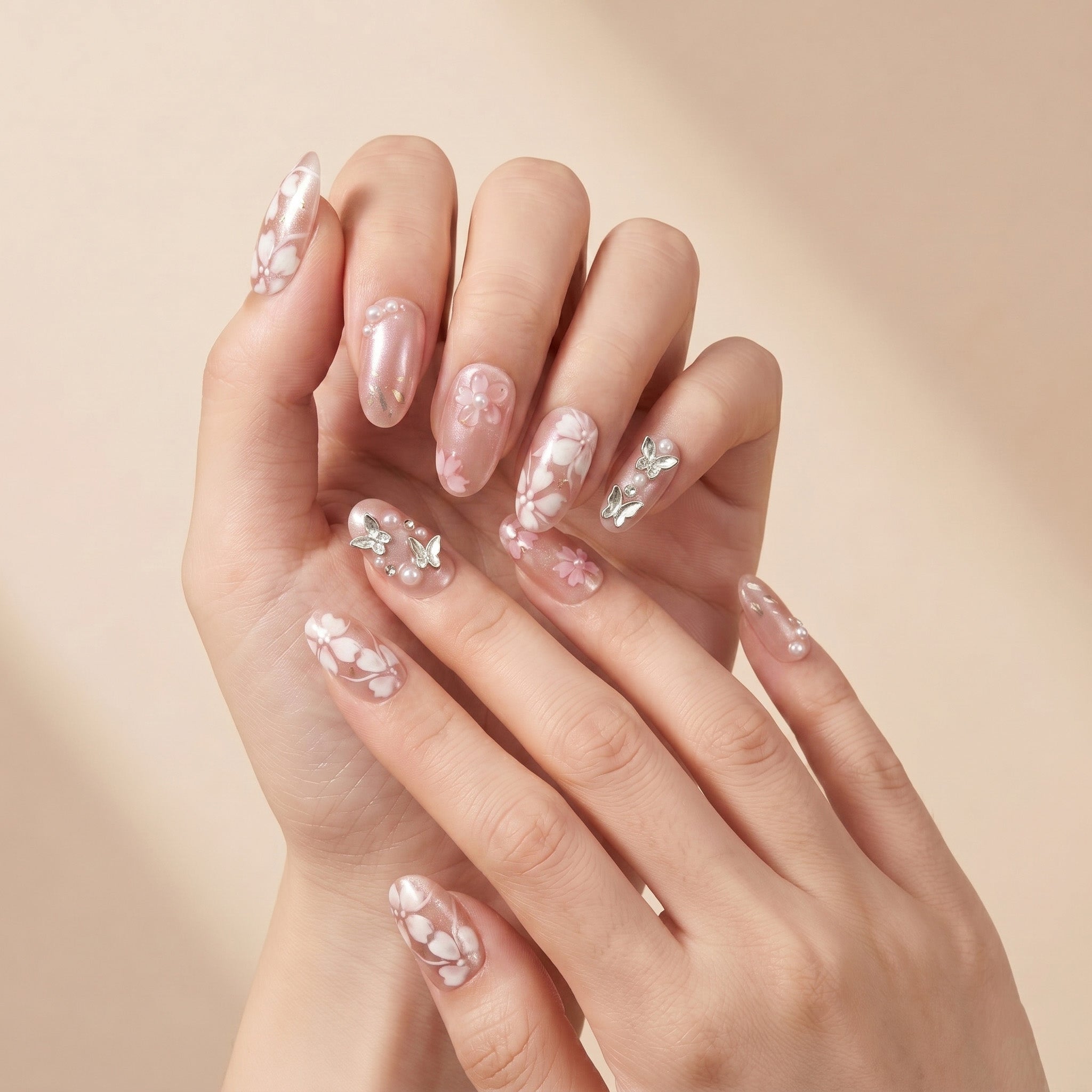 Handmade Cherry Blossom & Pearl Press-On Nails #322