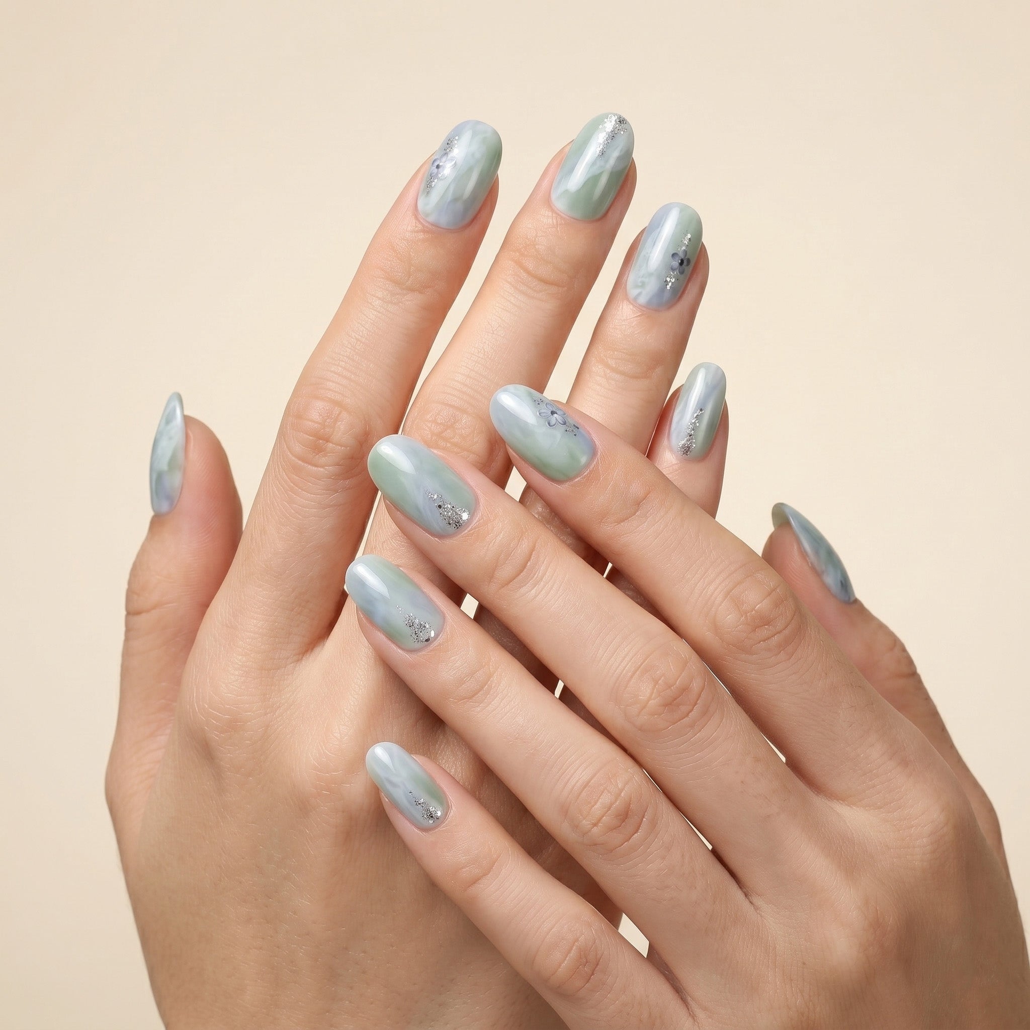 Handmade Mint Marble Press-On Nails #323