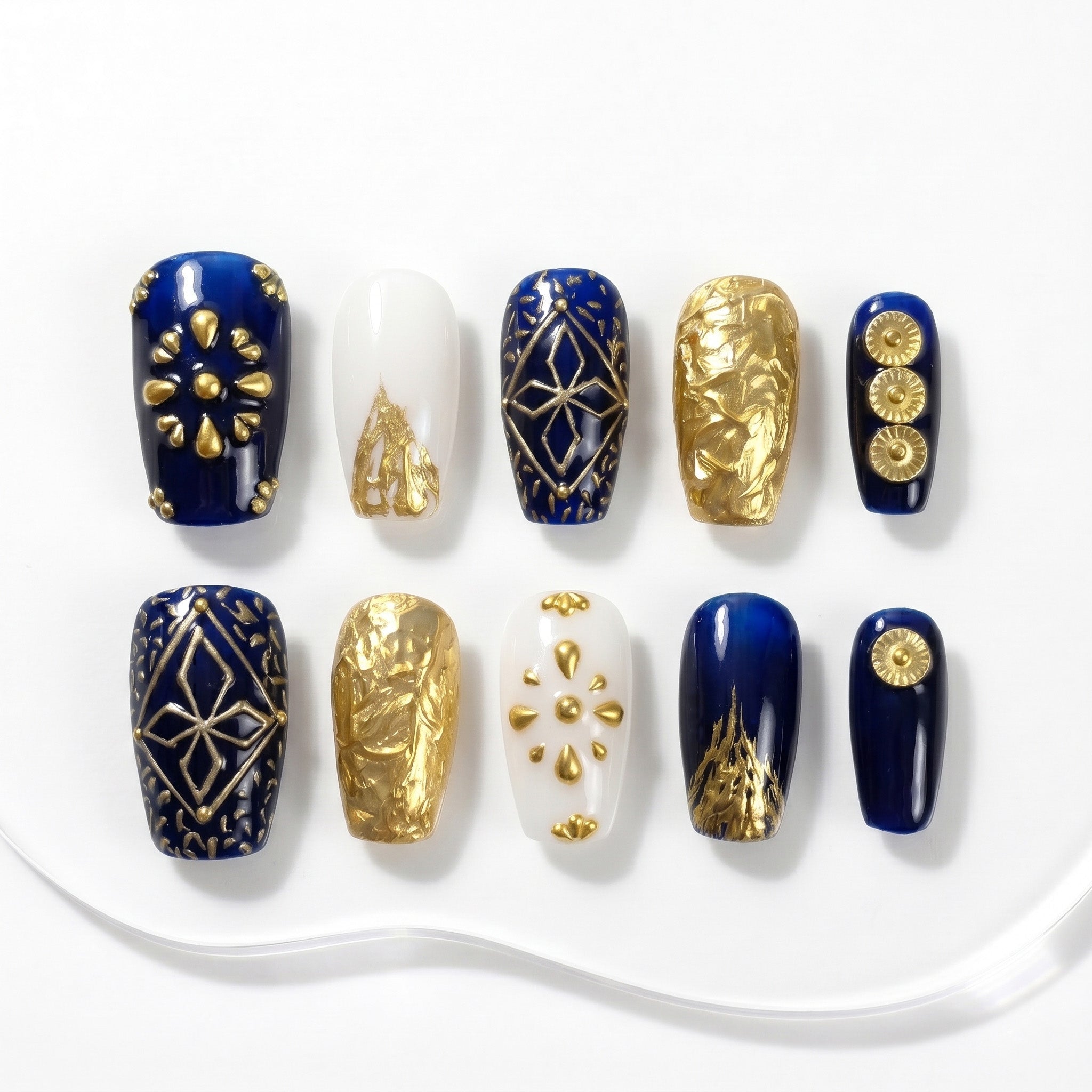 Handmade Short Coffin Ballerina Press-On Nails - Blue Gold glossy Hand-Painted Ombre 10 Pcs #102