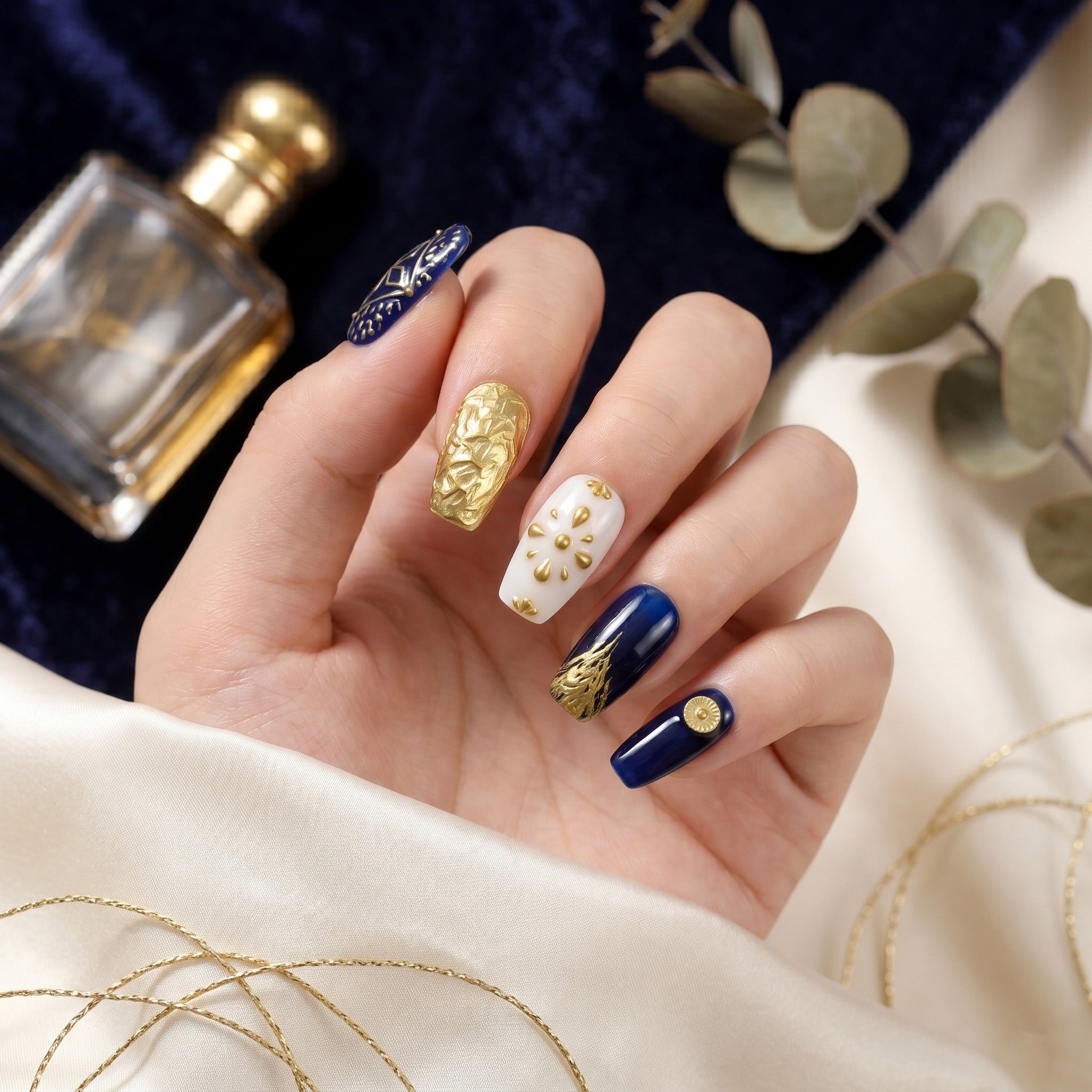 Handmade Short Coffin Ballerina Press-On Nails - Blue Gold glossy Hand-Painted Ombre 10 Pcs #102
