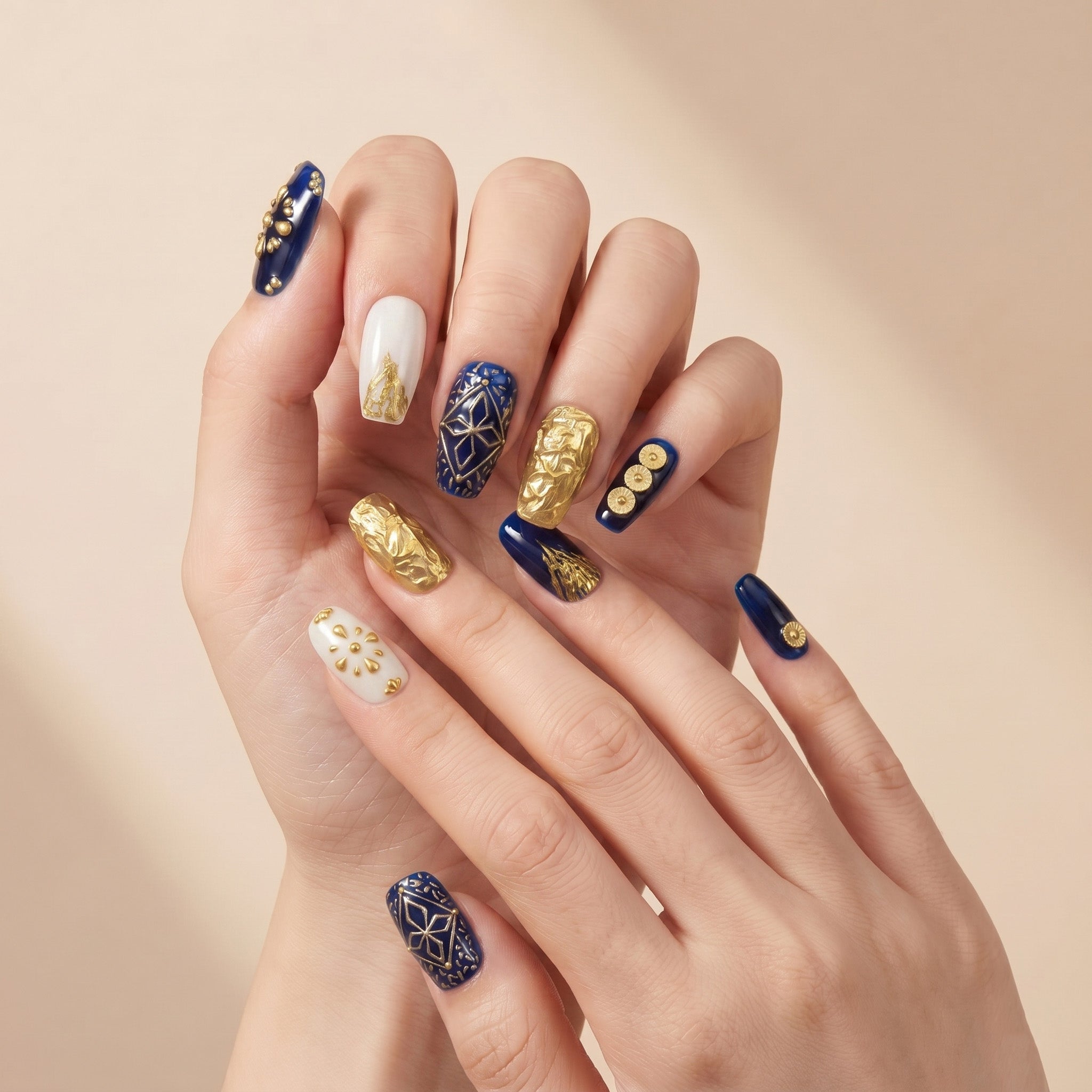 Handmade Short Coffin Ballerina Press-On Nails - Blue Gold glossy Hand-Painted Ombre 10 Pcs #102