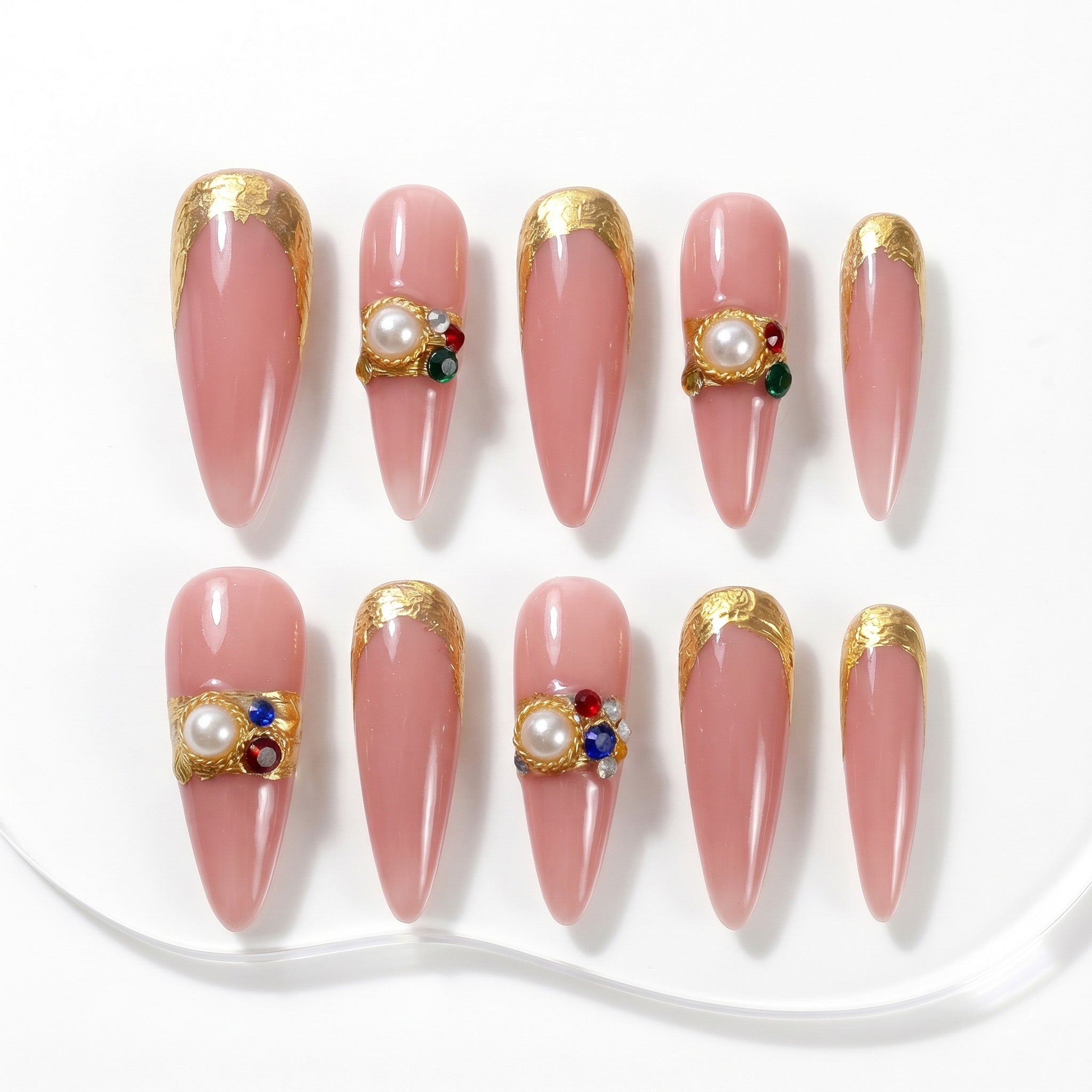 Handmade Long Stiletto Amlond Press-On Nails - Pink Gold Nude Beige Pearl French Elegant 10 Pcs #103