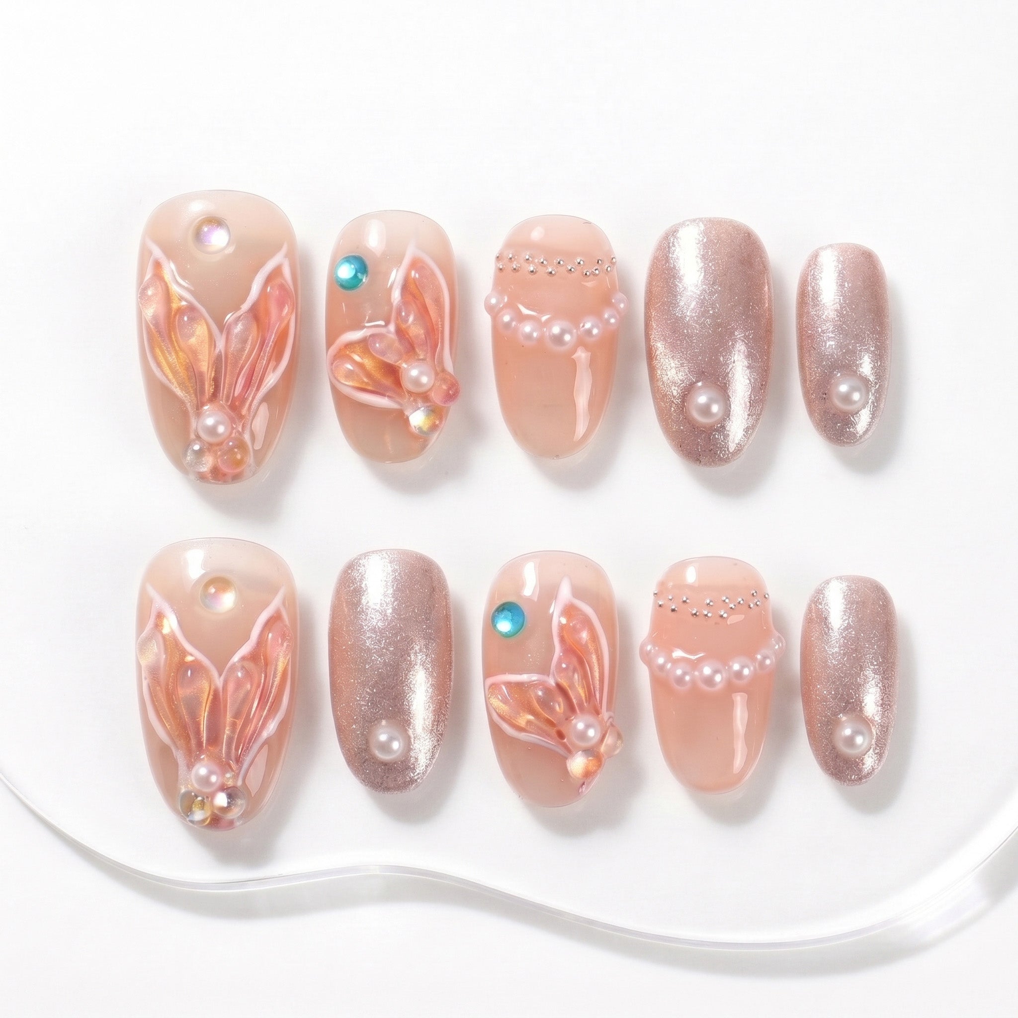 Handmade Medium Oval Press-On Nails - Pink White Pearl Sweet Hand-Painted 10 Pcs #104