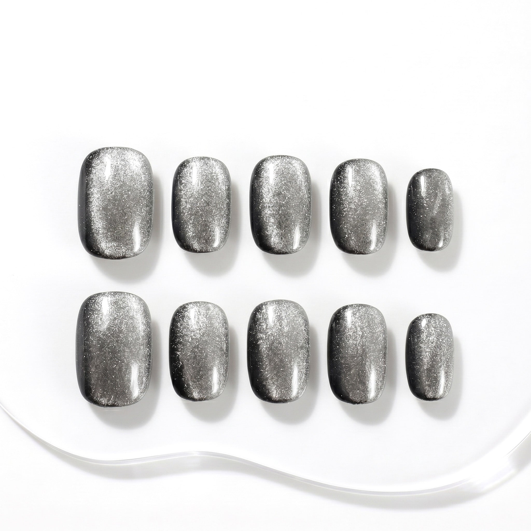 Handmade Short Squoval Round Press-On Nails - Silver Magnet Minimalist glossy 10 Pcs #107