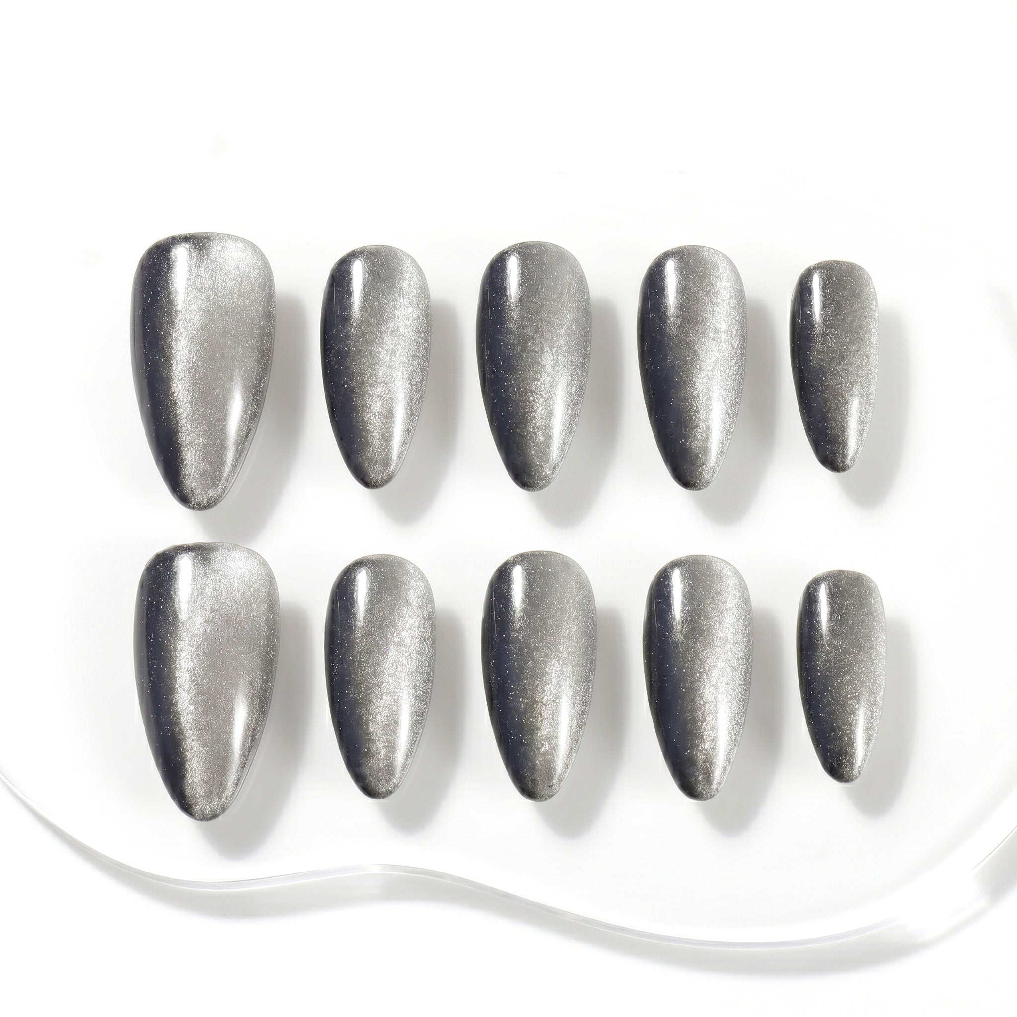 Handmade Medium Almond Press-On Nails - Silver Black Ombre Magnet Minimalist 10 Pcs #125