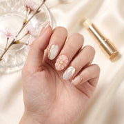 Handmade Short Round Press-On Nails - Pink White Gold Flower Minimalist 3D 10 Pcs #131