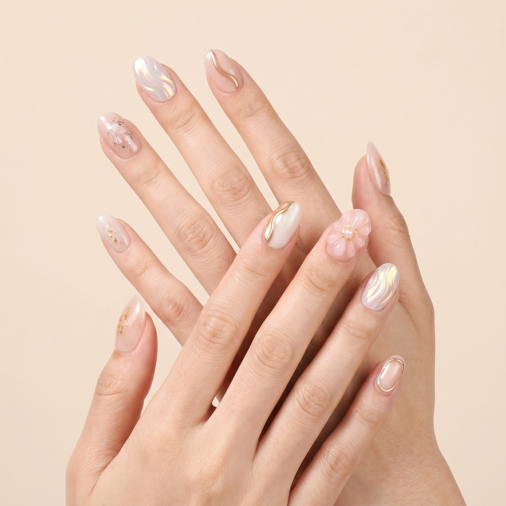 Handmade Short Round Press-On Nails - Pink White Gold Flower Minimalist 3D 10 Pcs #131