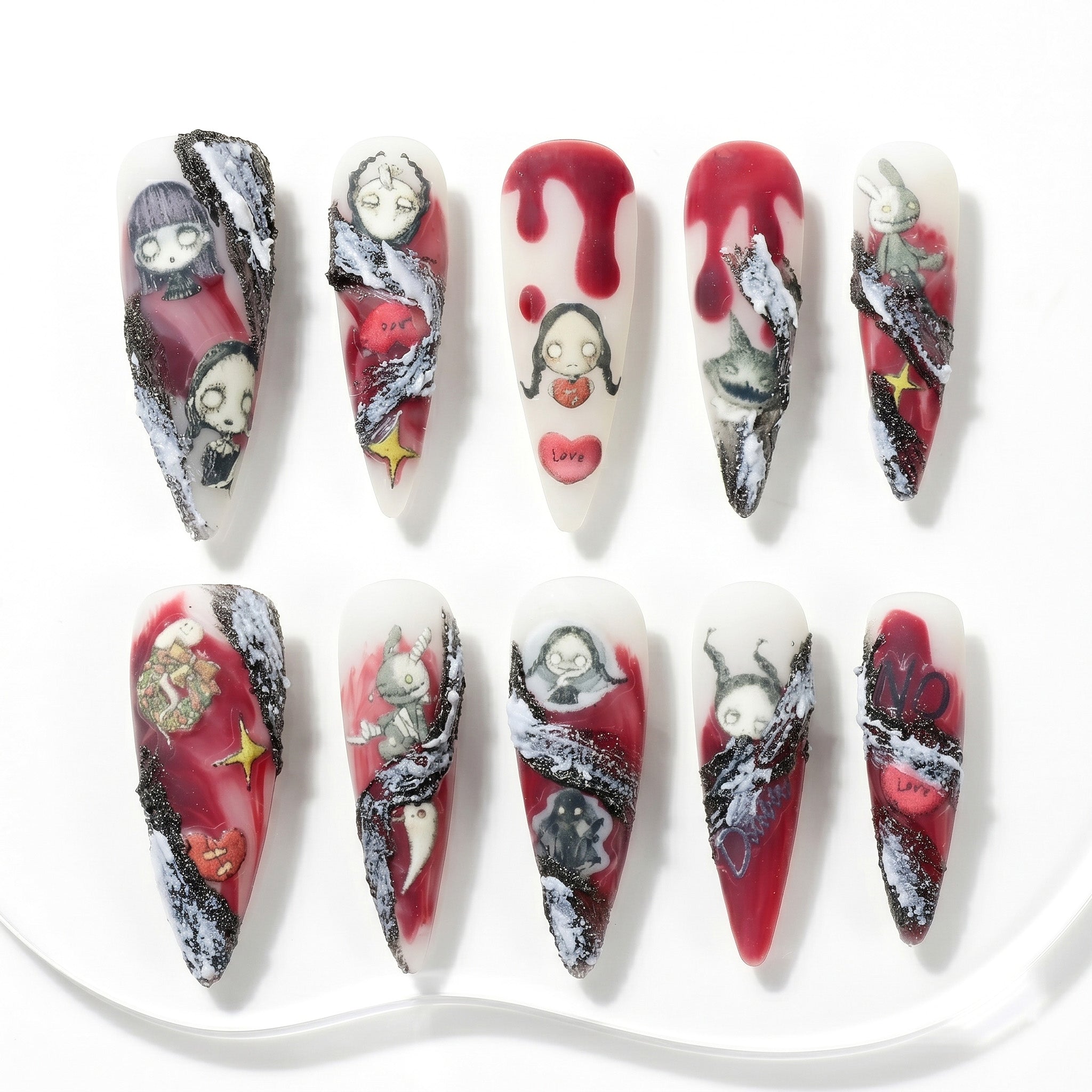 Handmade Long Stiletto Amlond Press-On Nails - Red White Ombre Hand-Painted Cartoon 10 Pcs #132