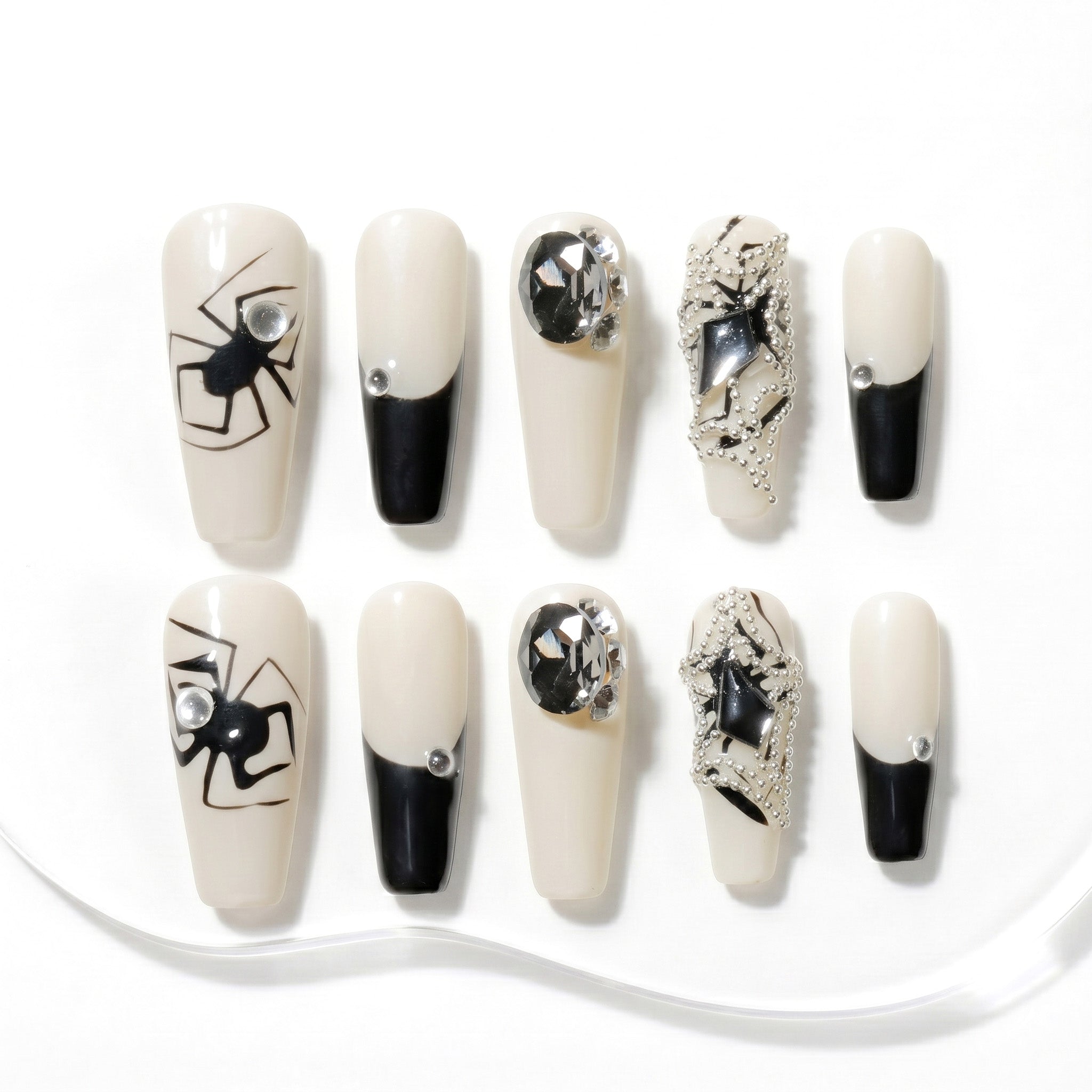 Handmade Long Coffin Ballerina Press-On Nails - Black White French Halloween Y2K 10 Pcs #133