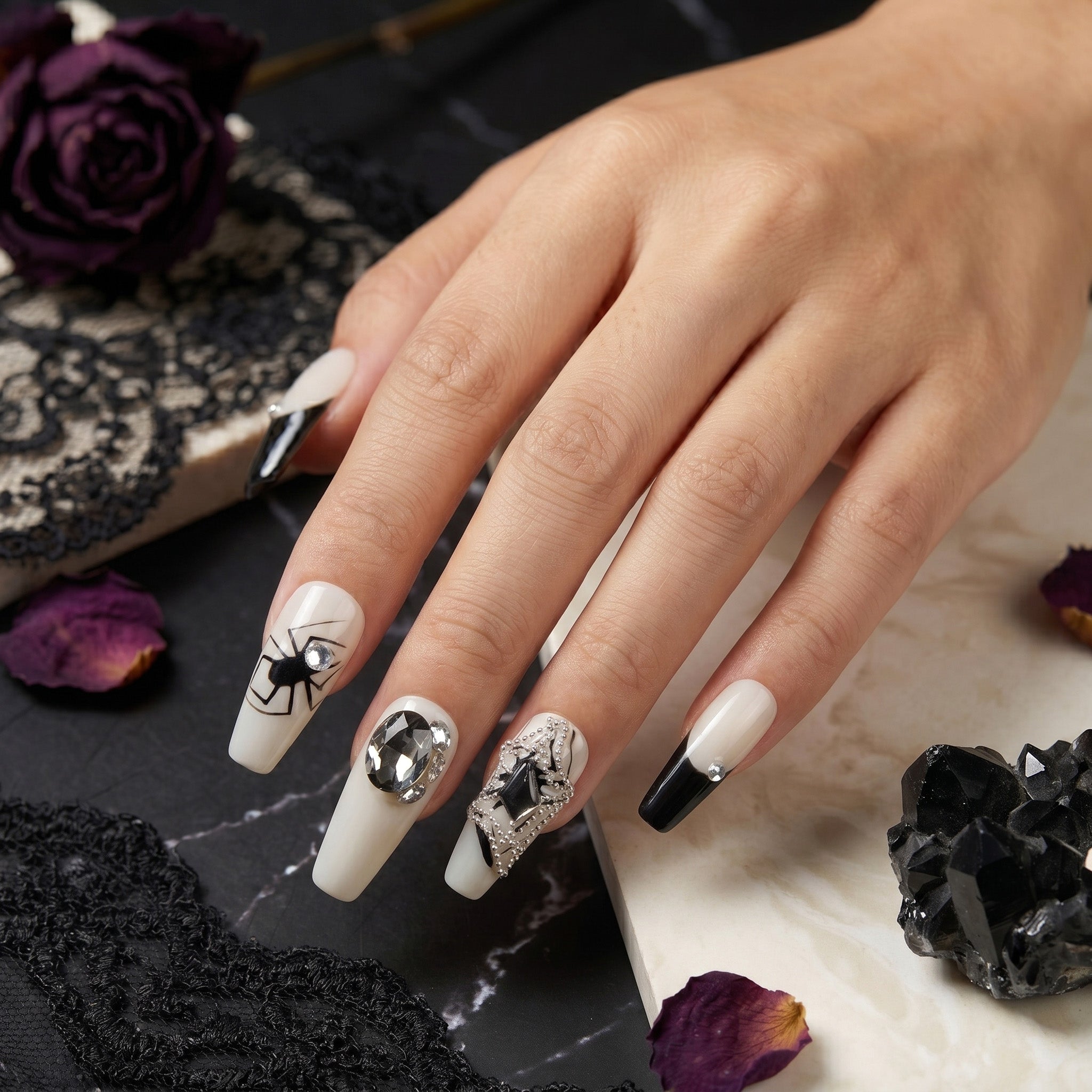 Handmade Long Coffin Ballerina Press-On Nails - Black White French Halloween Y2K 10 Pcs #133