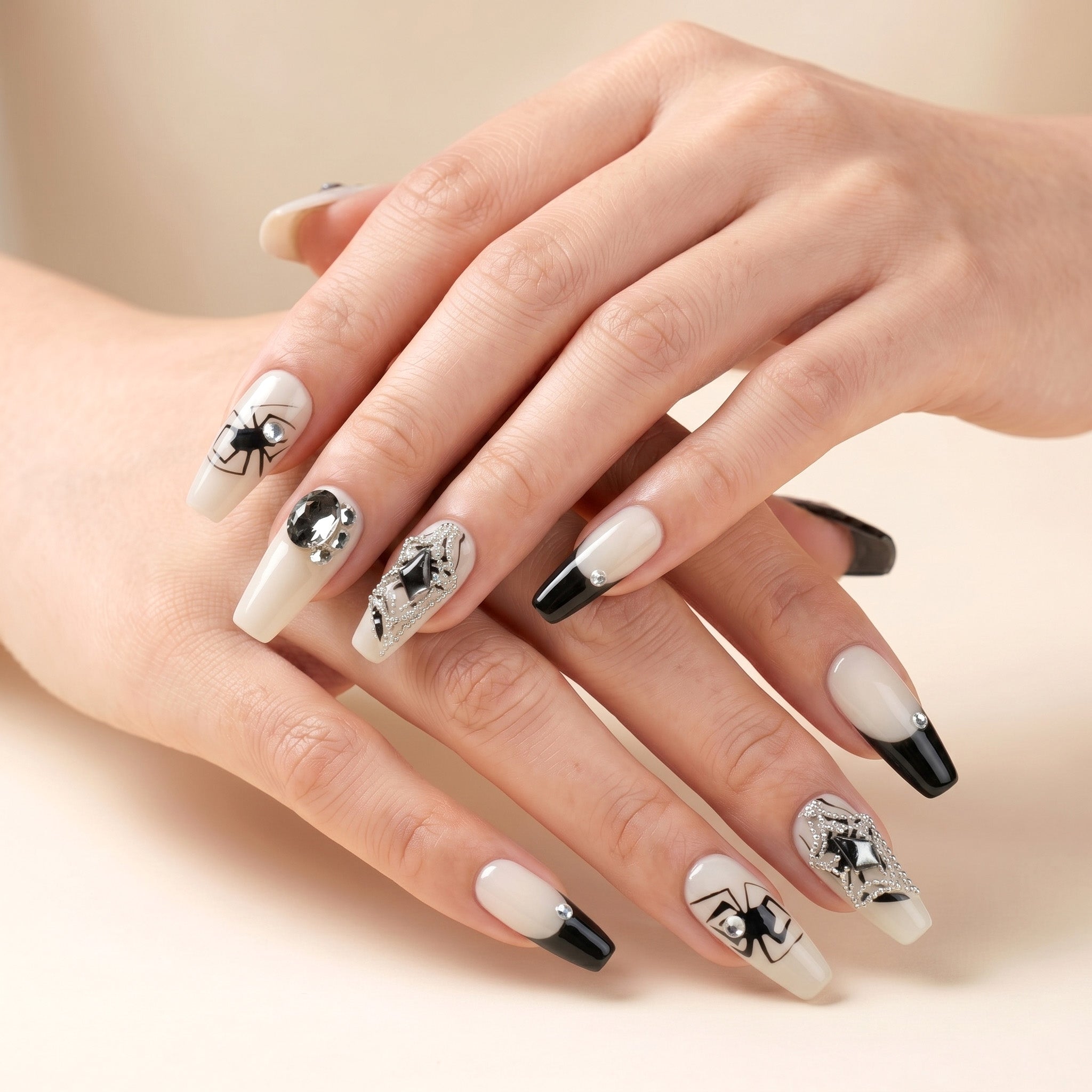 Handmade Long Coffin Ballerina Press-On Nails - Black White French Halloween Y2K 10 Pcs #133