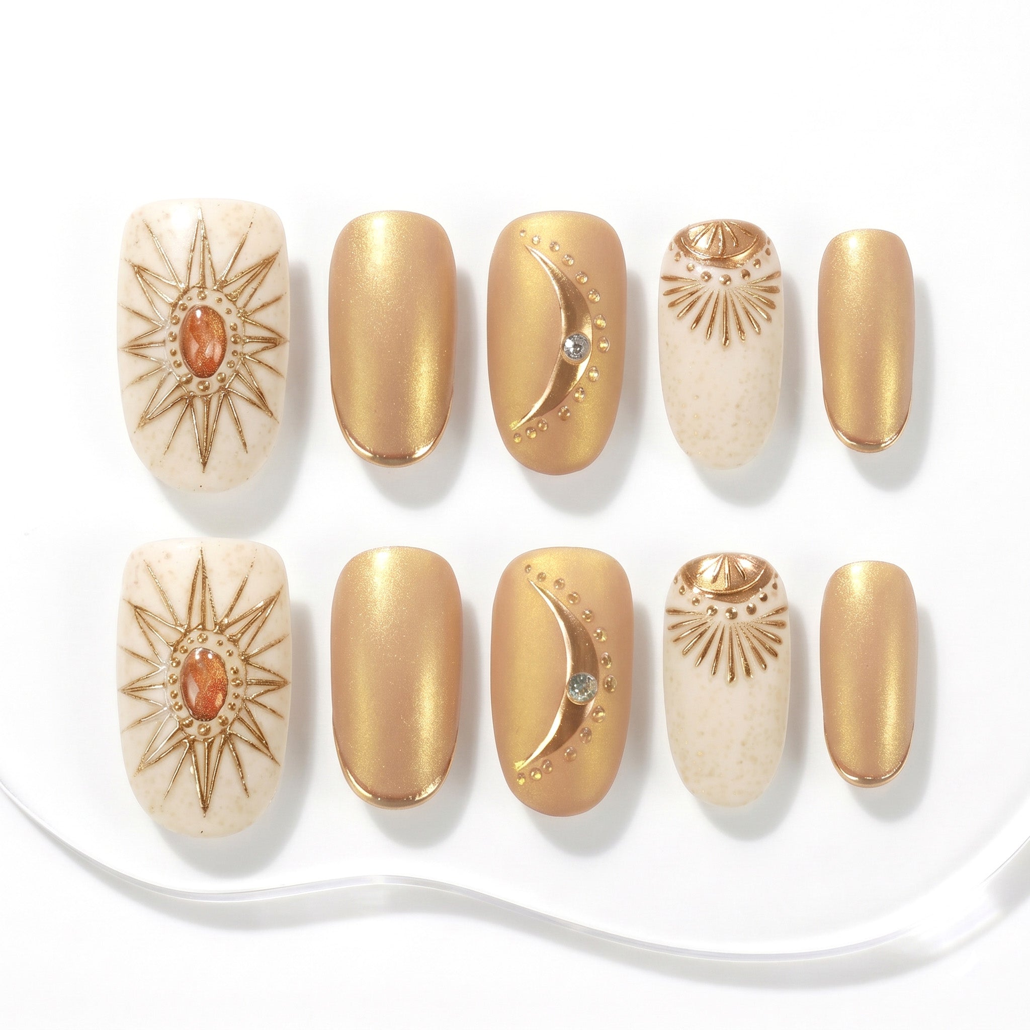 Handmade Long Round Press-On Nails - Gold Yellow Hand-Painted Bohemian glossy 10 Pcs #135