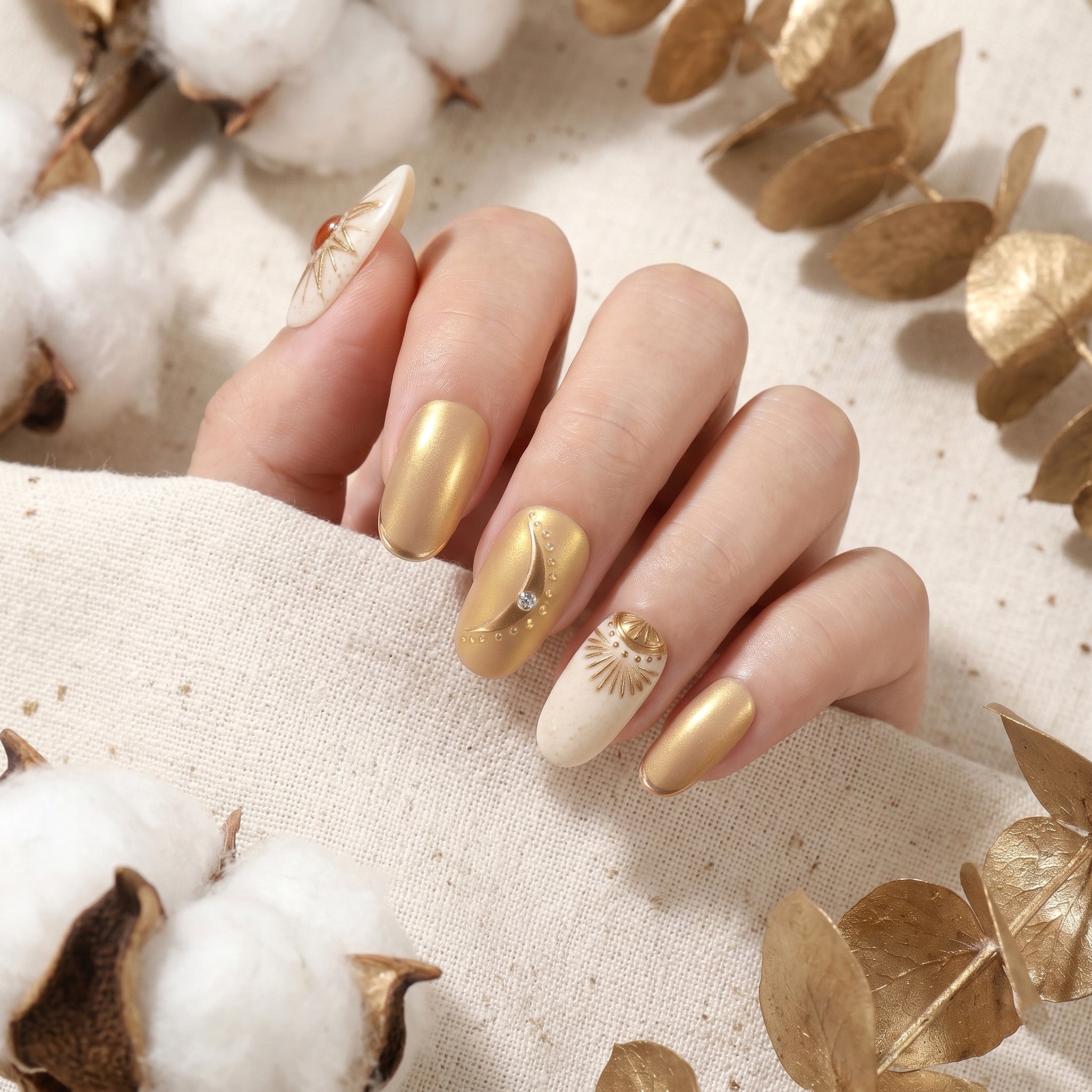 Handmade Long Round Press-On Nails - Gold Yellow Hand-Painted Bohemian glossy 10 Pcs #135