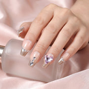 Handmade Medium Coffin Ballerina Press-On Nails - Pink Nude Beige Rhinestone French Sweet 10 Pcs #136