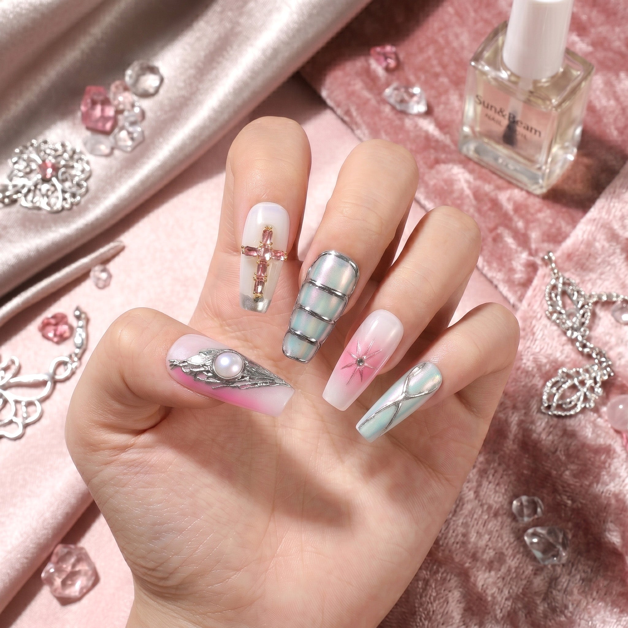 Handgefertigte Press-on-Nägel mit Rosa-Mint-Farbverlauf #137
