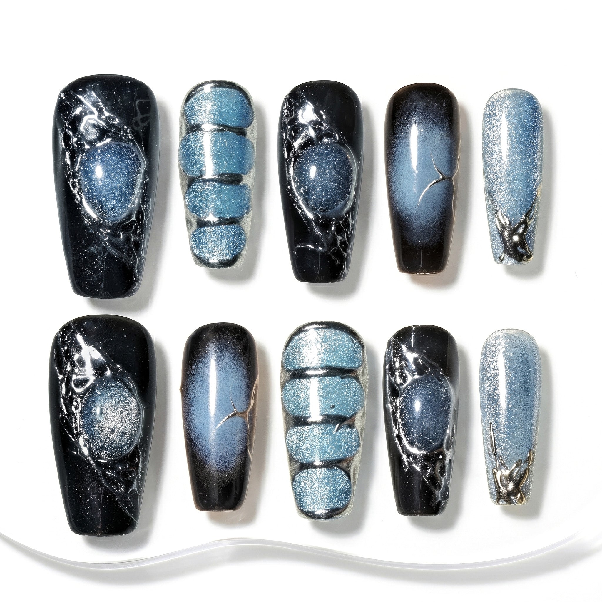Handmade Medium Coffin Ballerina Press-On Nails - Blue Black Gradation Hand-Painted Magnet 10 Pcs #138