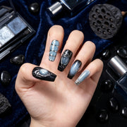 Handmade Medium Coffin Ballerina Press-On Nails - Blue Black Gradation Hand-Painted Magnet 10 Pcs #138
