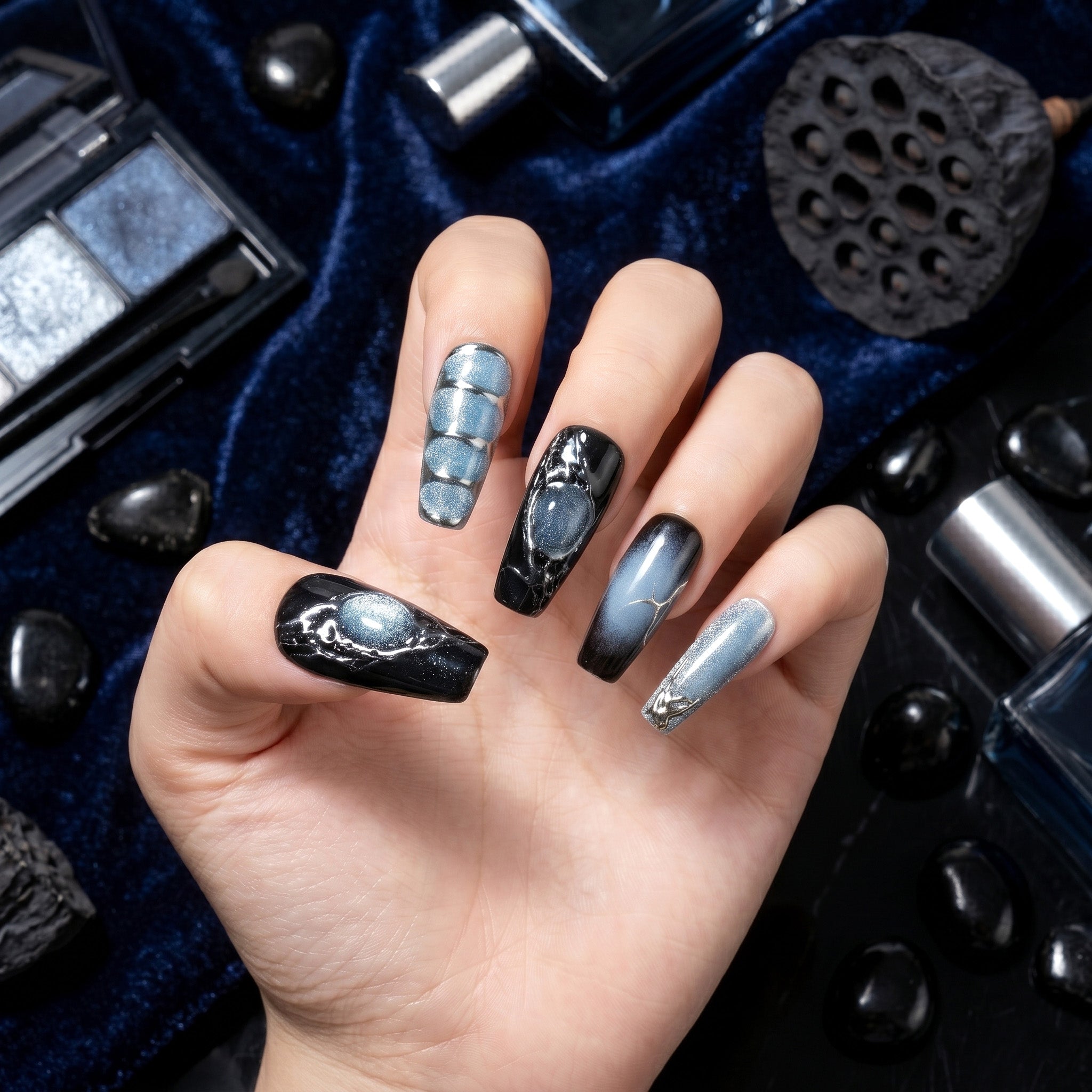 Handmade Medium Coffin Ballerina Press-On Nails - Blue Black Gradation Hand-Painted Magnet 10 Pcs #138