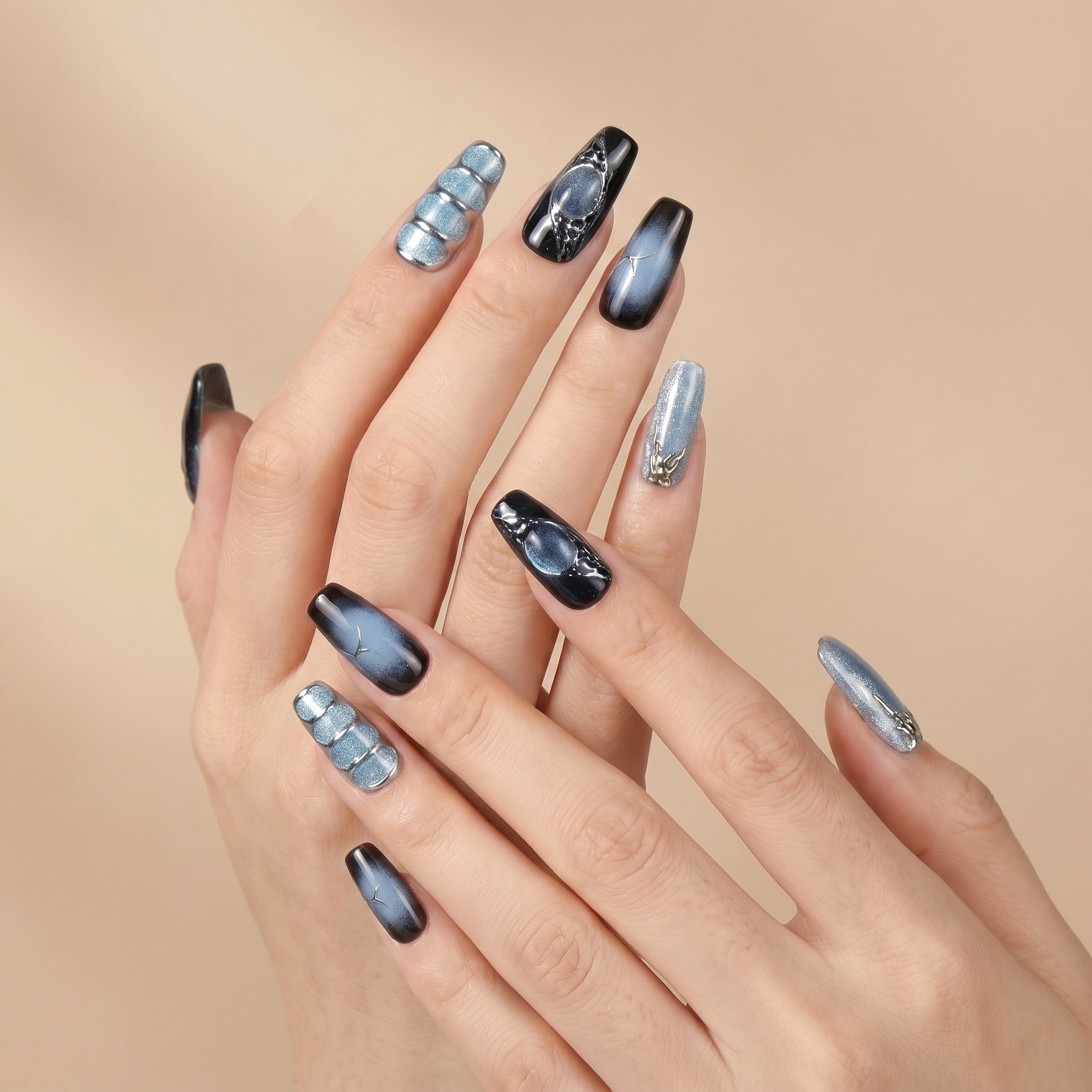 Handmade Medium Coffin Ballerina Press-On Nails - Blue Black Gradation Hand-Painted Magnet 10 Pcs #138
