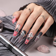 Handmade Long Coffin Ballerina Press-On Nails - Pink Grey 3D Cool Rhinestone 10 Pcs #139
