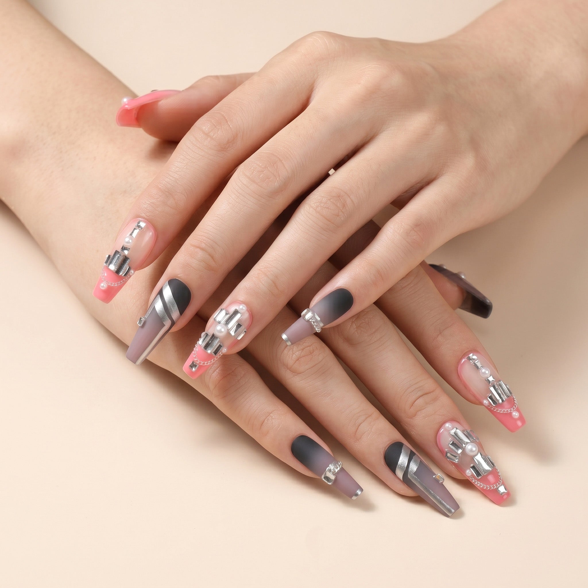 Handmade Long Coffin Ballerina Press-On Nails - Pink Grey 3D Cool Rhinestone 10 Pcs #139