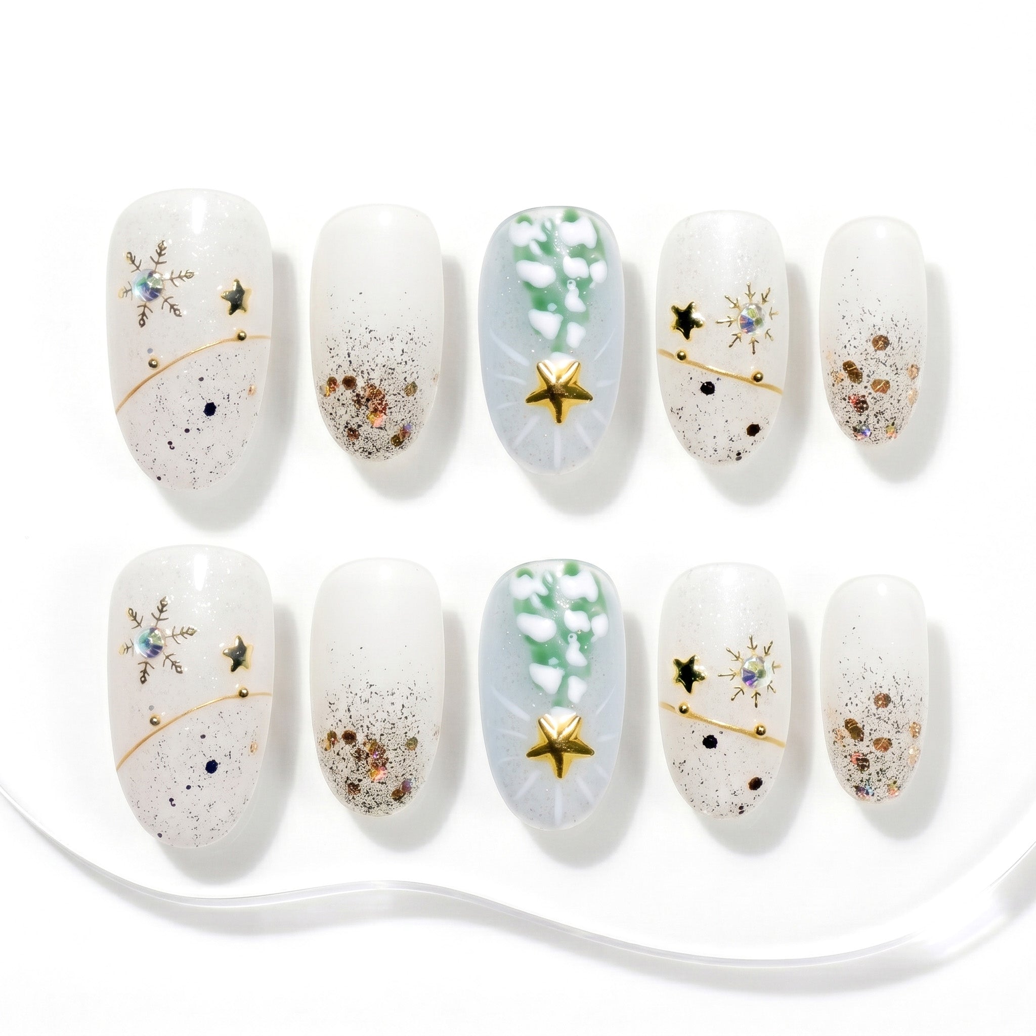 Handmade Medium Oval Press-On Nails - White Silver Christmas Star Glitter 10 Pcs #141