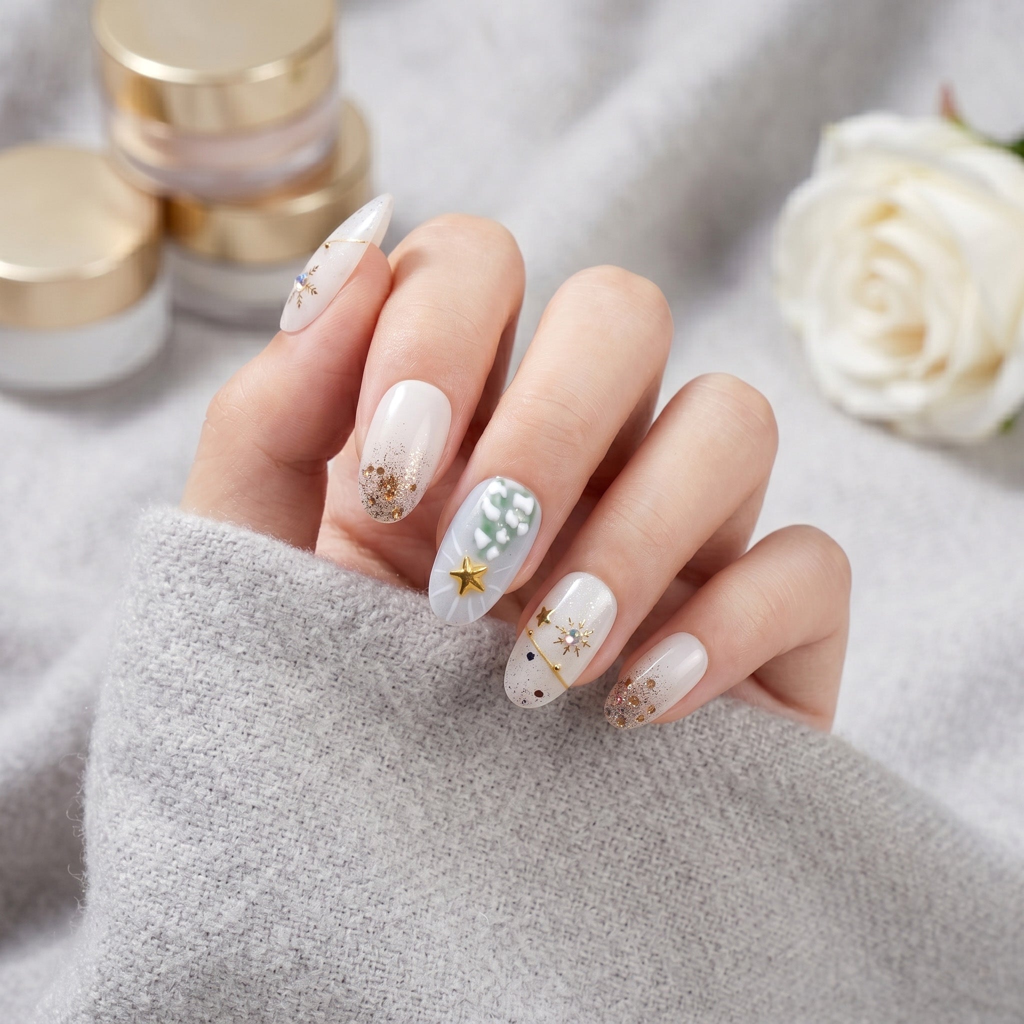 Handmade Medium Oval Press-On Nails - White Silver Christmas Star Glitter 10 Pcs #141