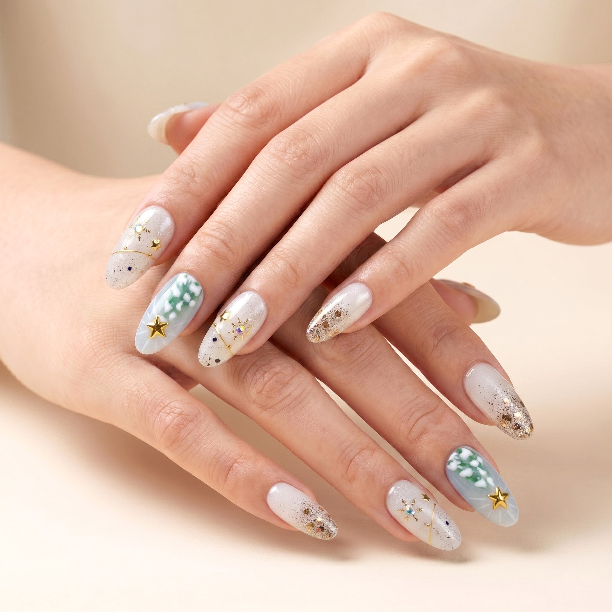 Handmade Medium Oval Press-On Nails - White Silver Christmas Star Glitter 10 Pcs #141