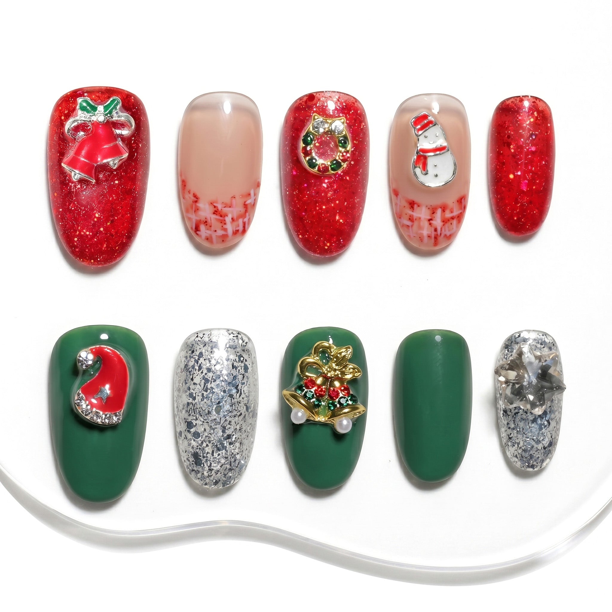 Handmade Medium Oval Press-On Nails - Red Green Glitter Christmas Snowman 10 Pcs #142